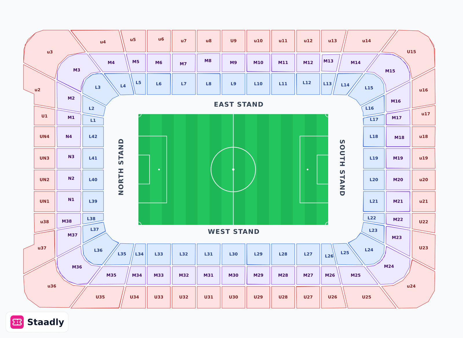 Principality Stadium seat layout and seating plan — colored sections, stands and tiers (Cardiff)
