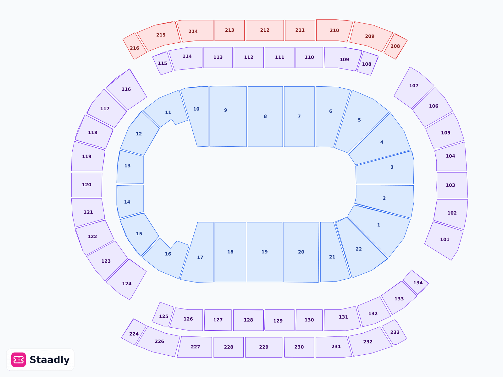 Prudential Center seat layout and seating plan — colored sections, stands and tiers (Newark)