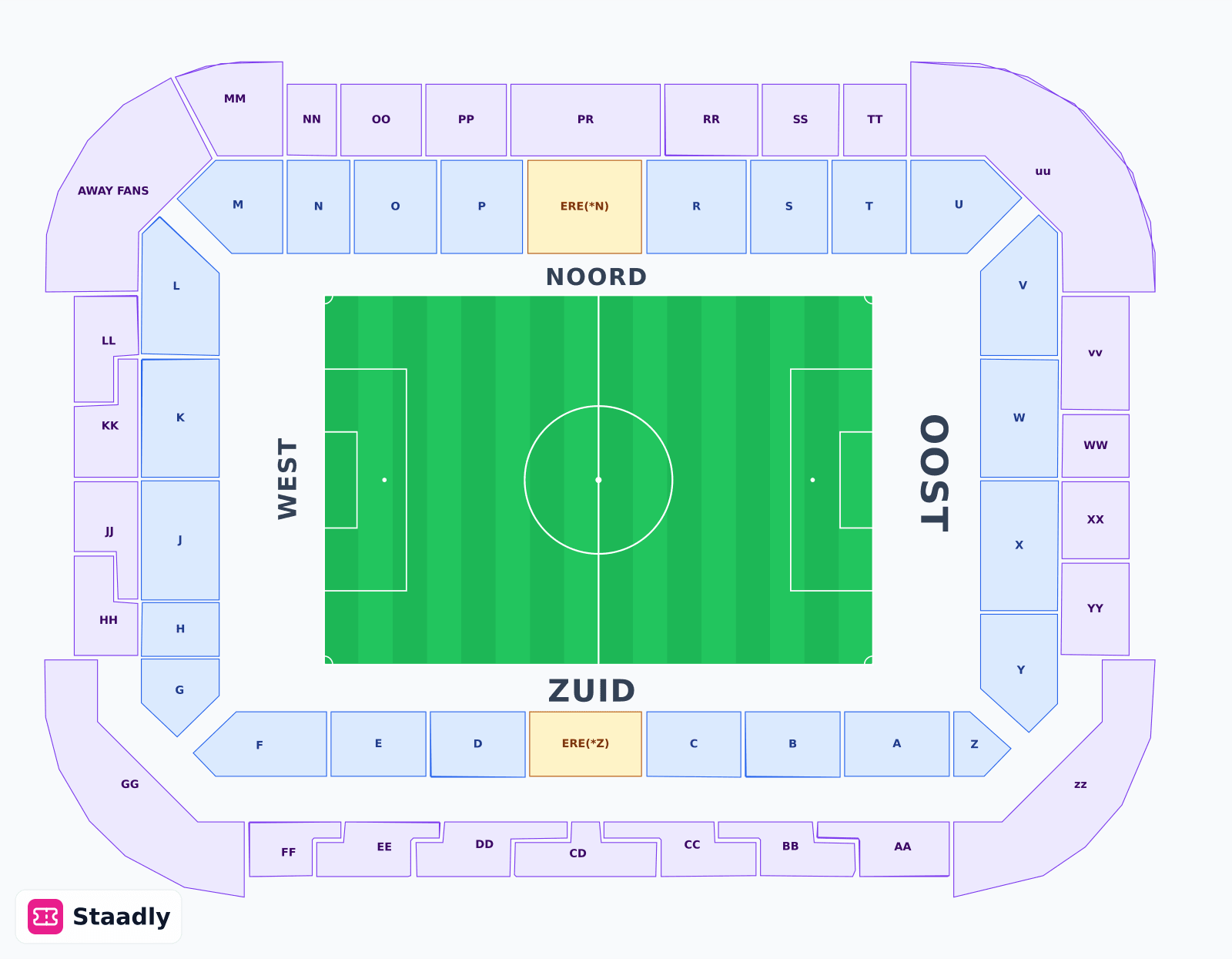 PSV Philips Stadion seat layout and seating plan — colored sections, stands and tiers (Eindhoven)