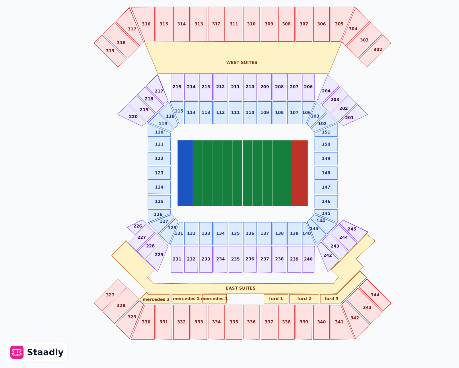 Raymond James Stadium seat layout and seating plan — colored sections, stands and tiers (Tampa)