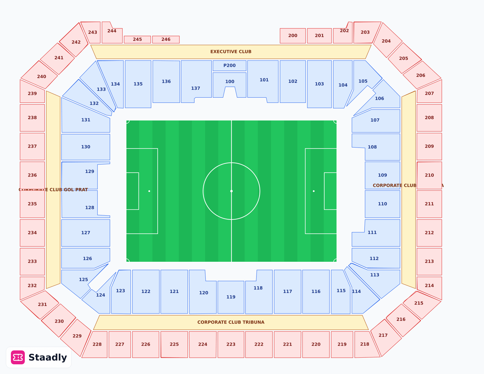 RCDE Stadium seat layout and seating plan — colored sections, stands and tiers (Barcelona)