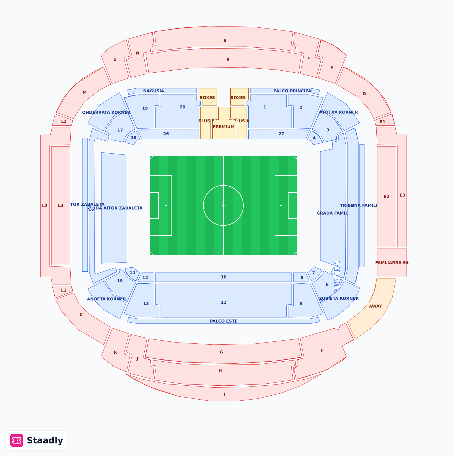 Reale Arena (Anoeta) seat layout and seating plan — colored sections, stands and tiers (San Sebastián)