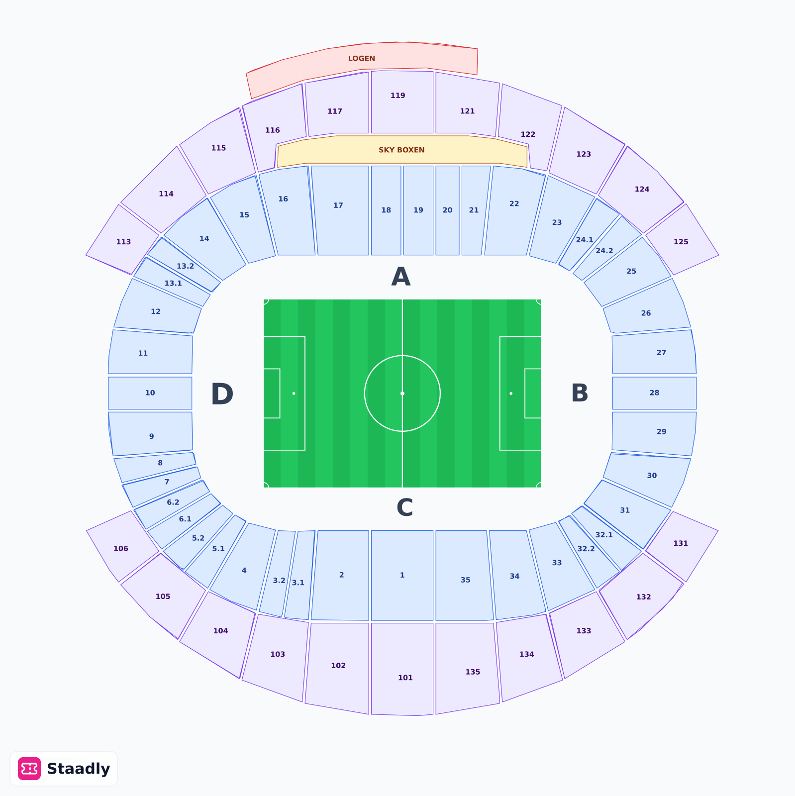 Red Bull Arena Leipzig seat layout and seating plan — colored sections, stands and tiers (Leipzig)