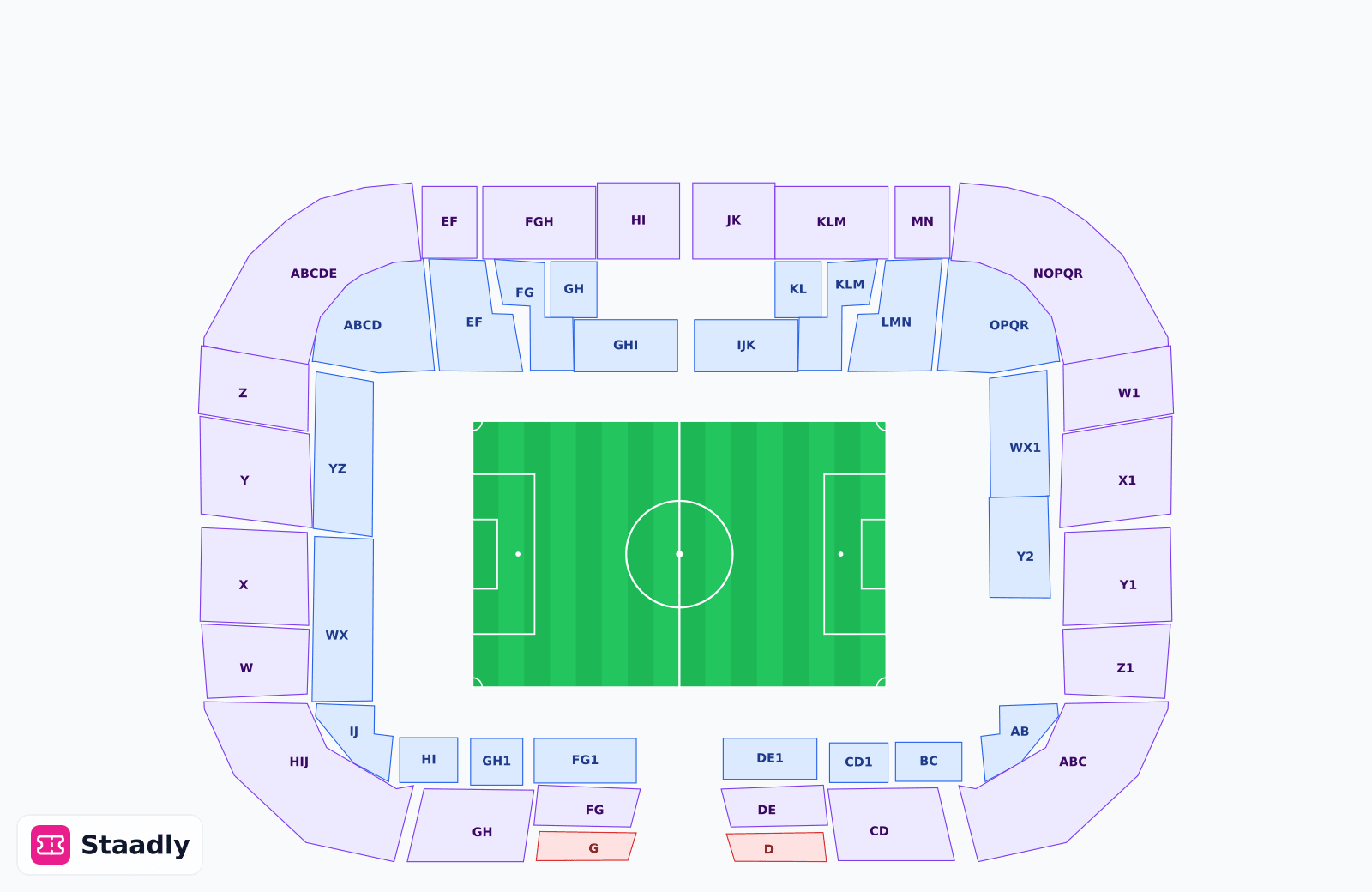 Roazhon Park seat layout and seating plan — colored sections, stands and tiers (Rennes)