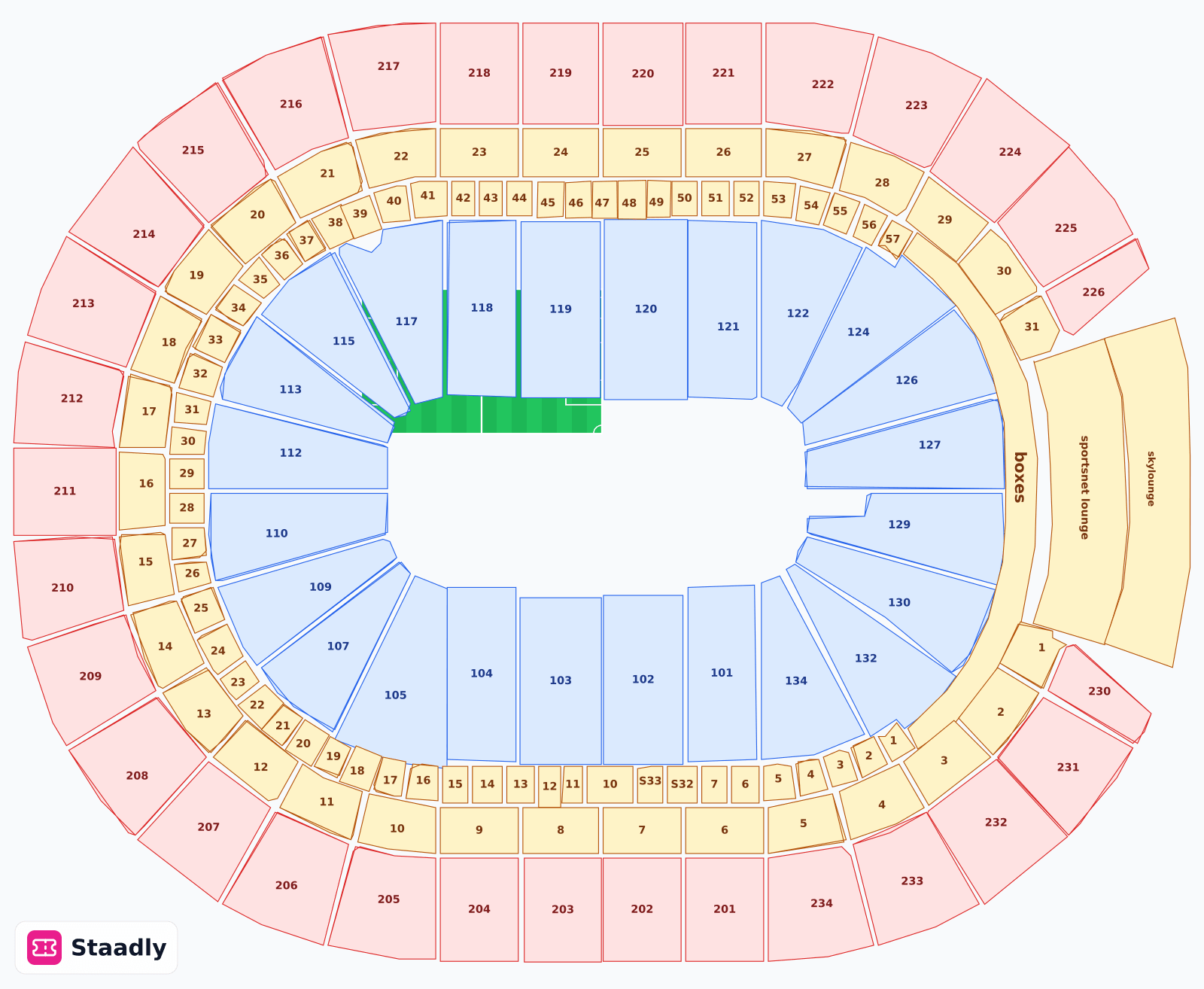 Rogers Place seat layout and seating plan — colored sections, stands and tiers (Edmonton)