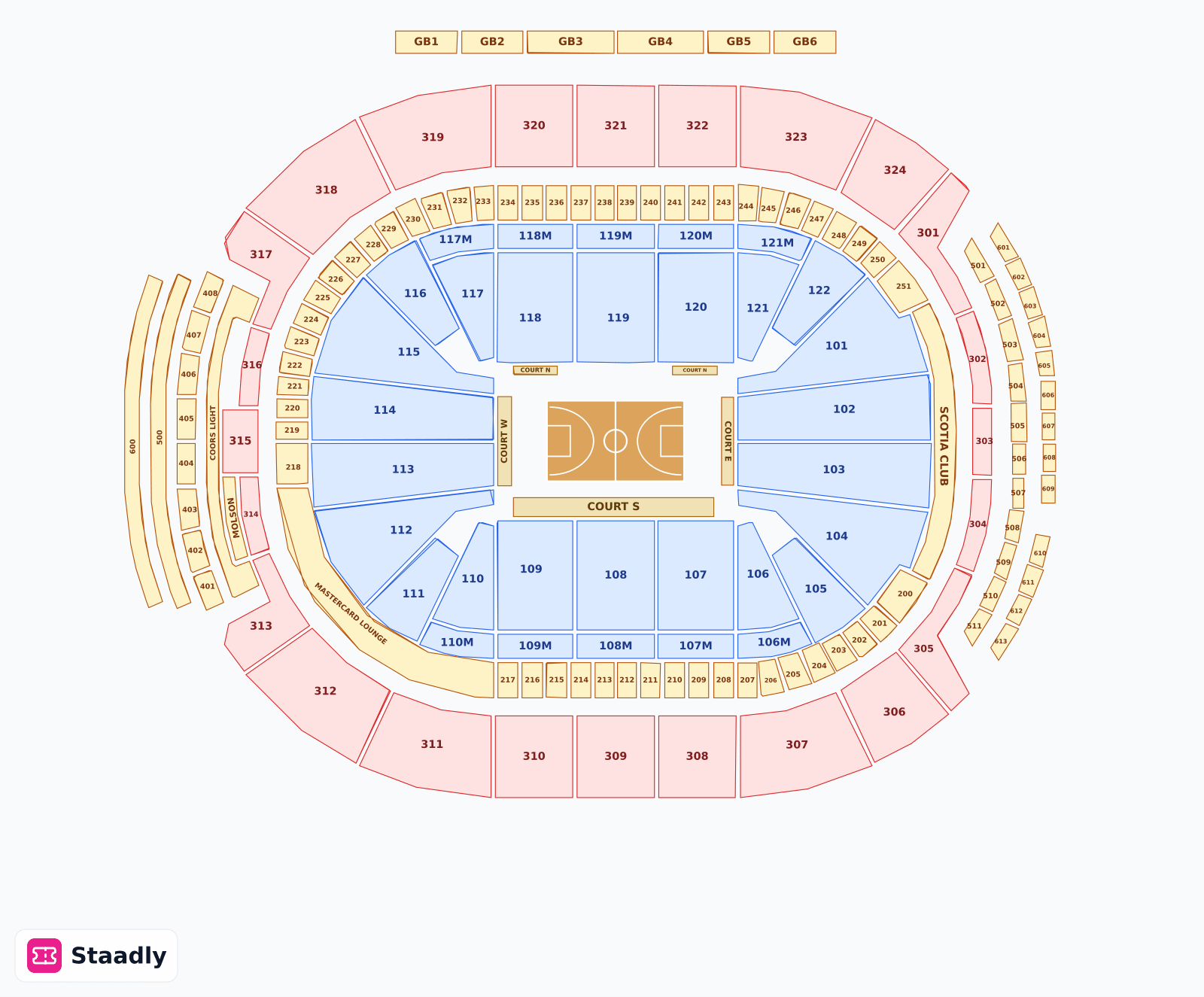 Scotiabank Arena seat layout and seating plan — colored sections, stands and tiers (Toronto)