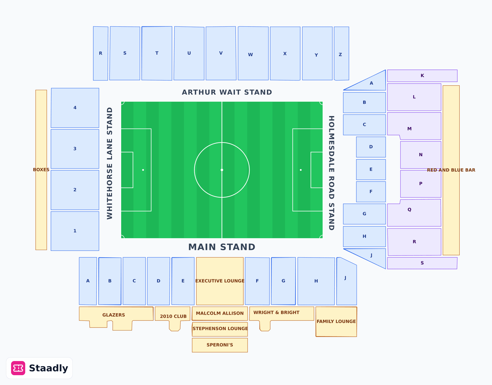 Selhurst Park seat layout and seating plan — colored sections, stands and tiers (London)