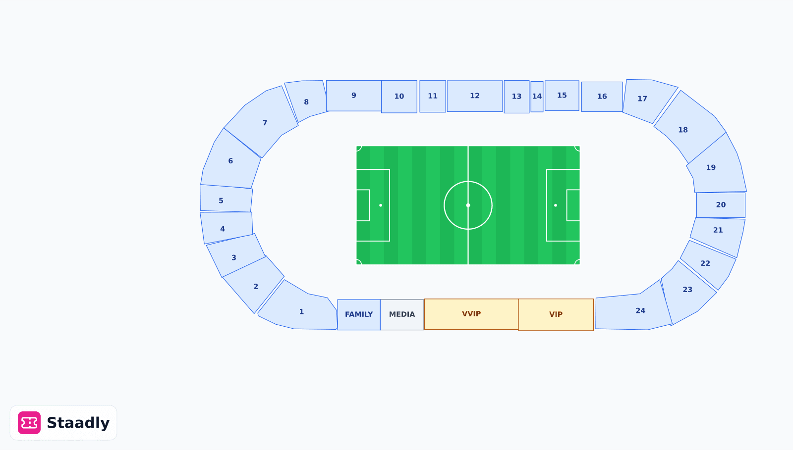 Sharjah Stadium seat layout and seating plan — colored sections, stands and tiers (Sharjah)