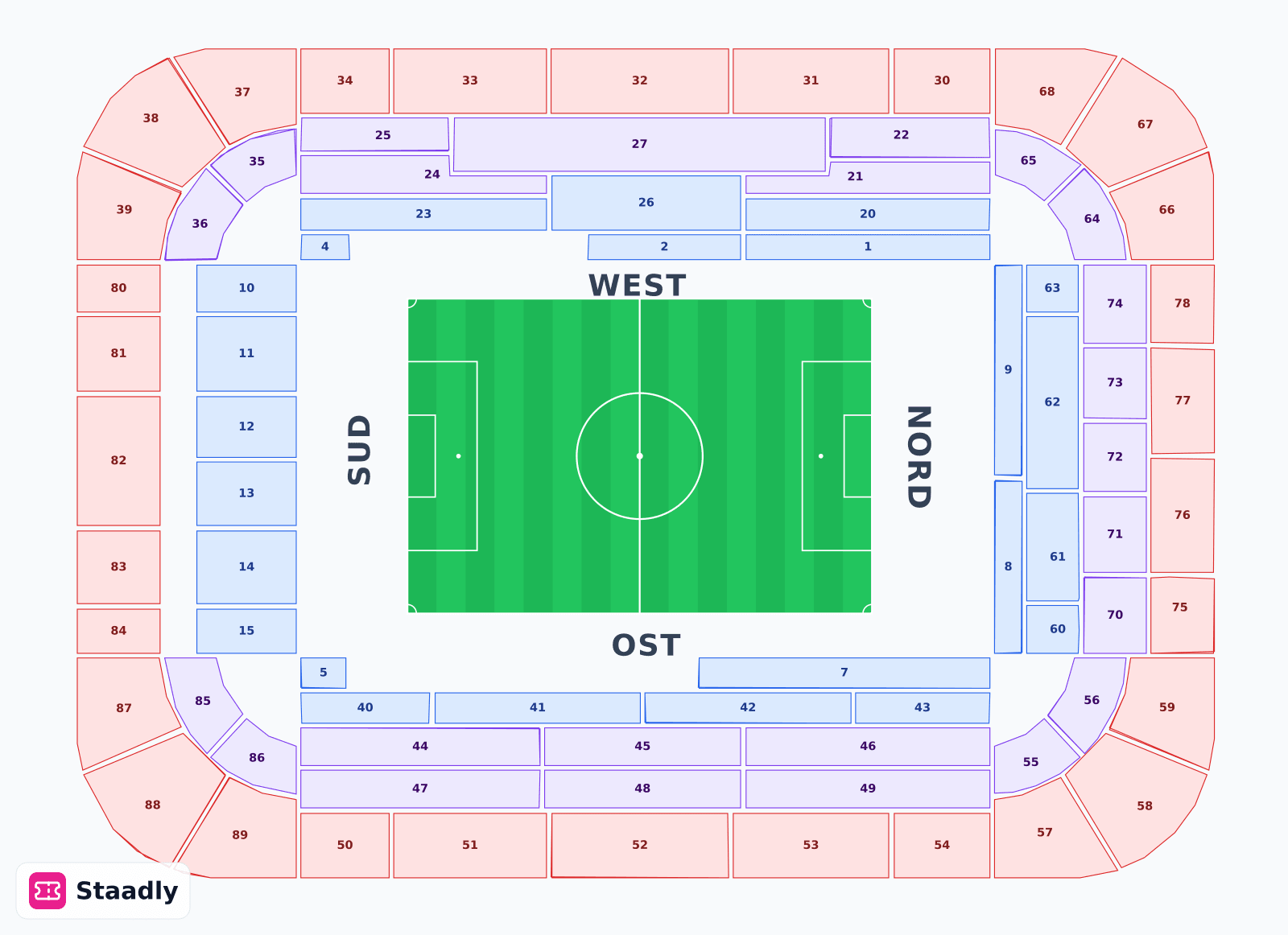 Signal Iduna Park seat layout and seating plan — colored sections, stands and tiers (Dortmund)