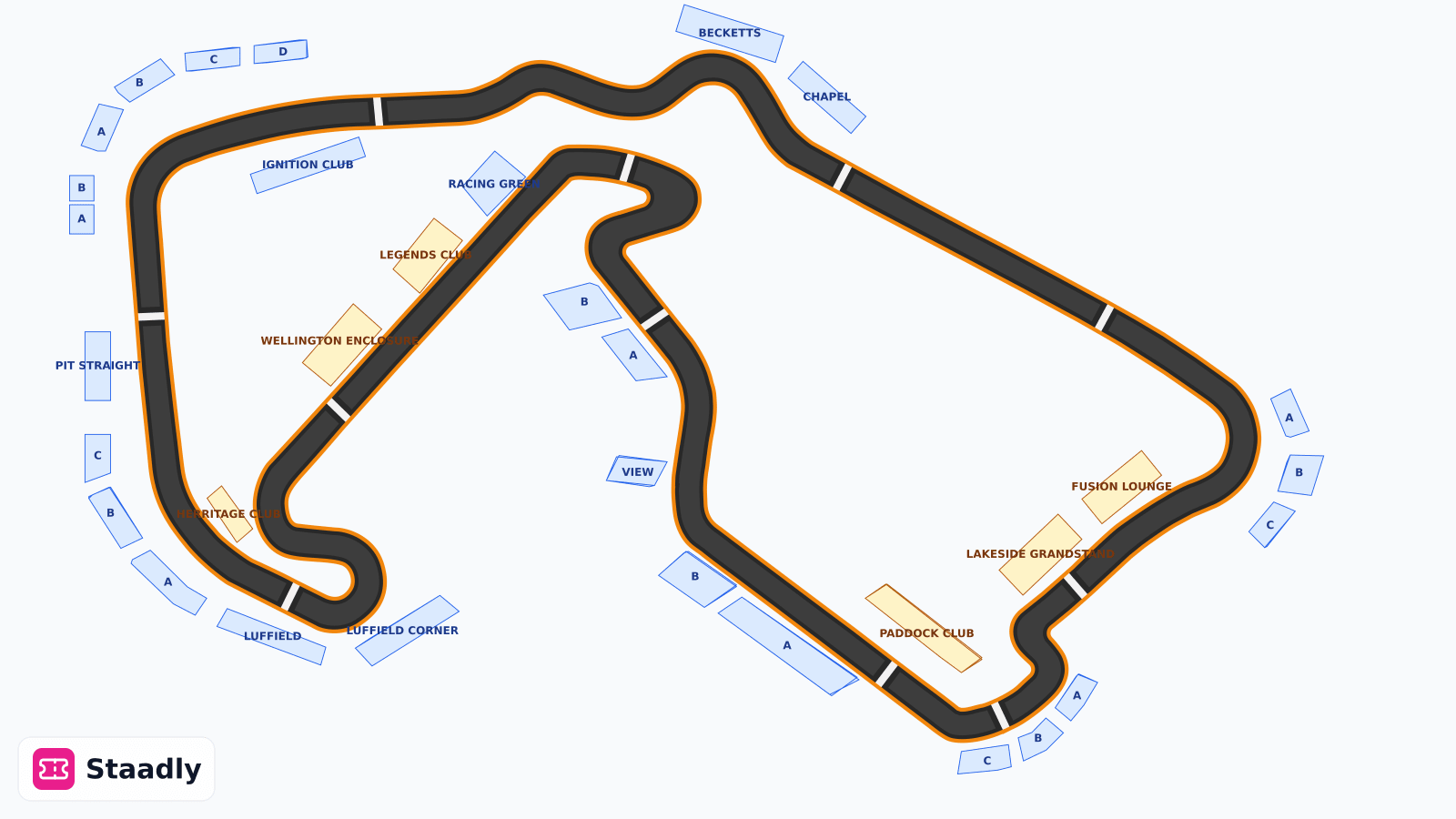 SILVERSTONE seat layout and seating plan — colored sections, stands and tiers (SILVERSTONE)