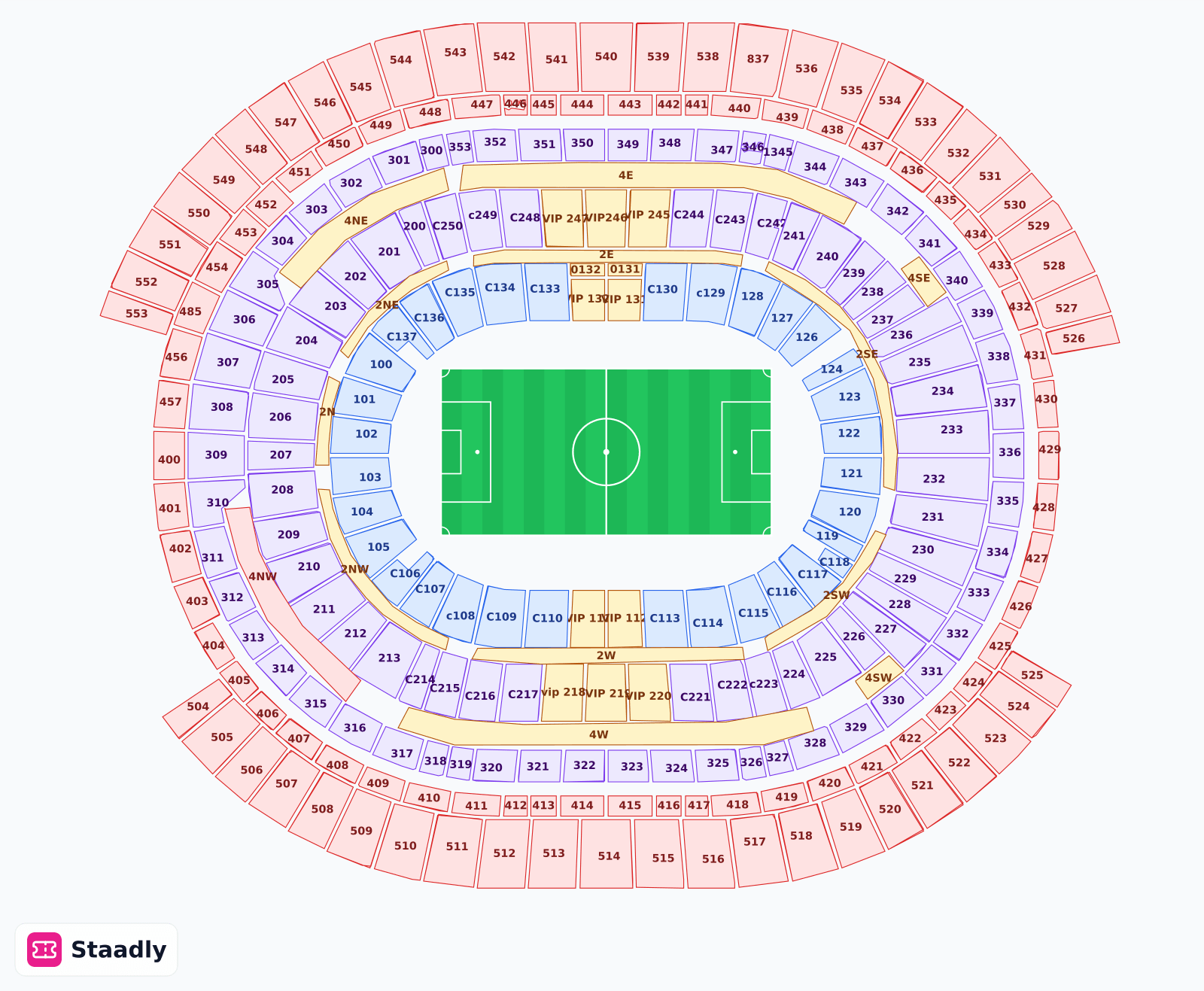 SoFi Stadium seat layout and seating plan — colored sections, stands and tiers (California)