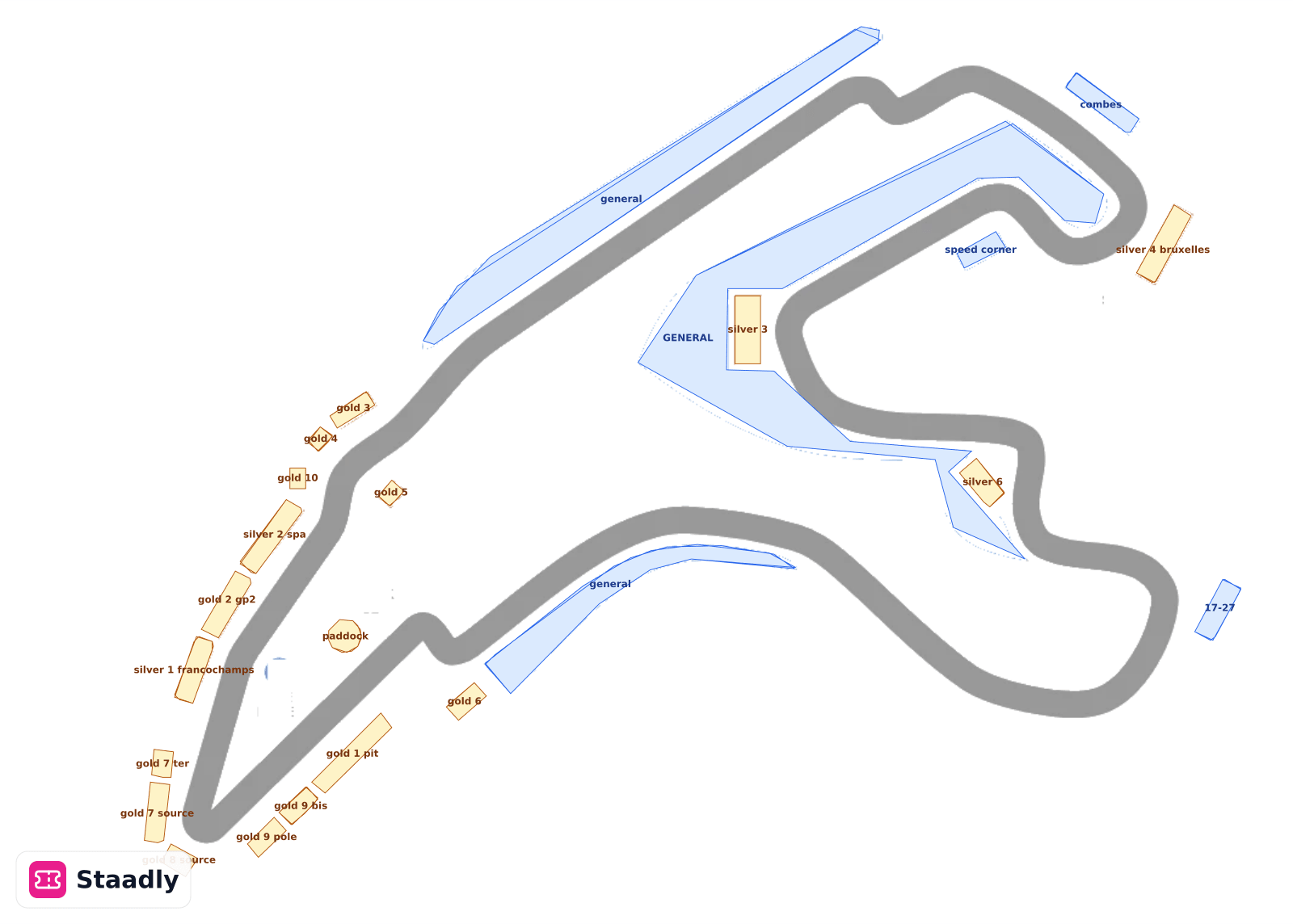 spa francochamps seat layout and seating plan — colored sections, stands and tiers (Spa)