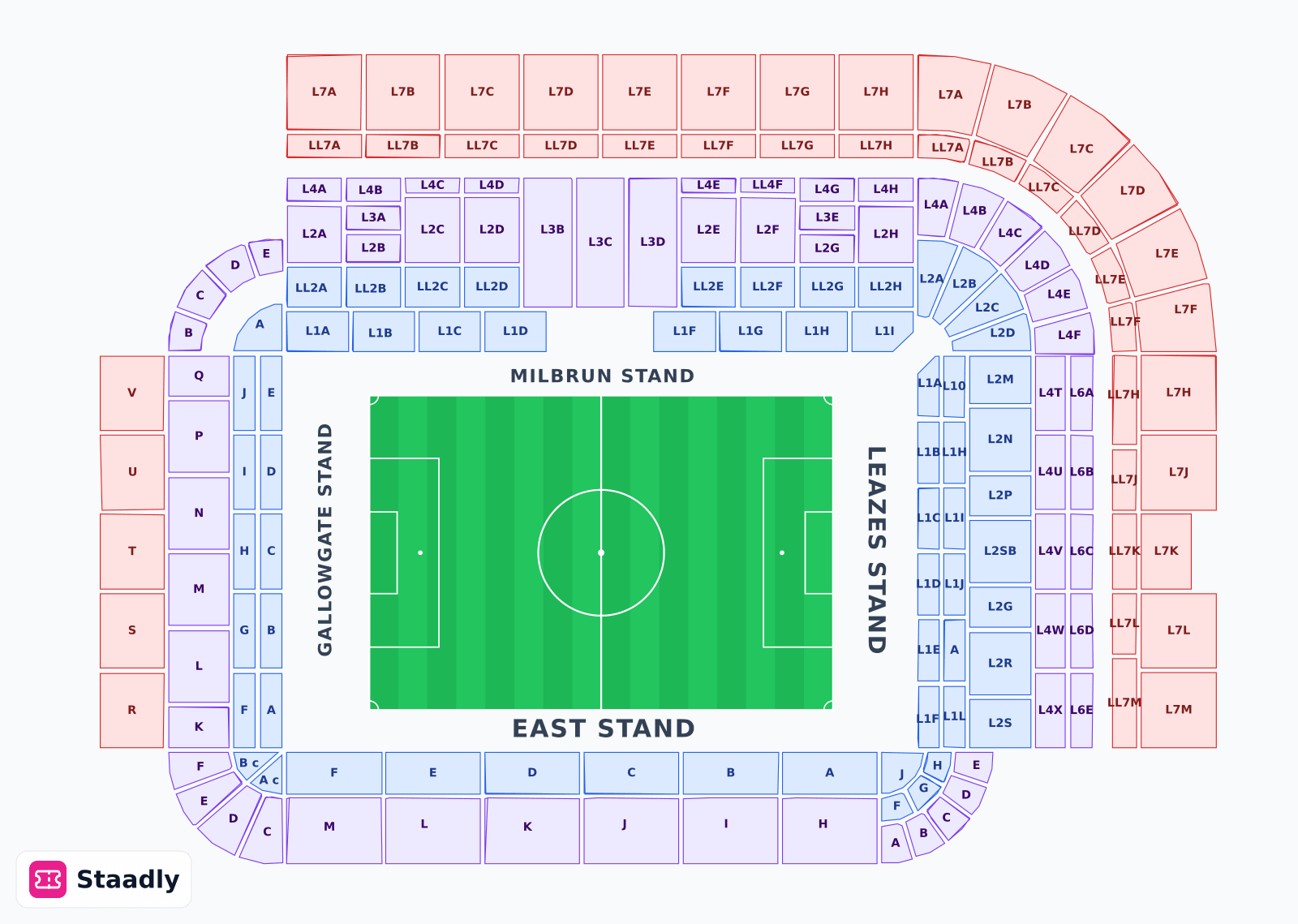 St James' Park seat layout and seating plan — colored sections, stands and tiers (Newcastle)