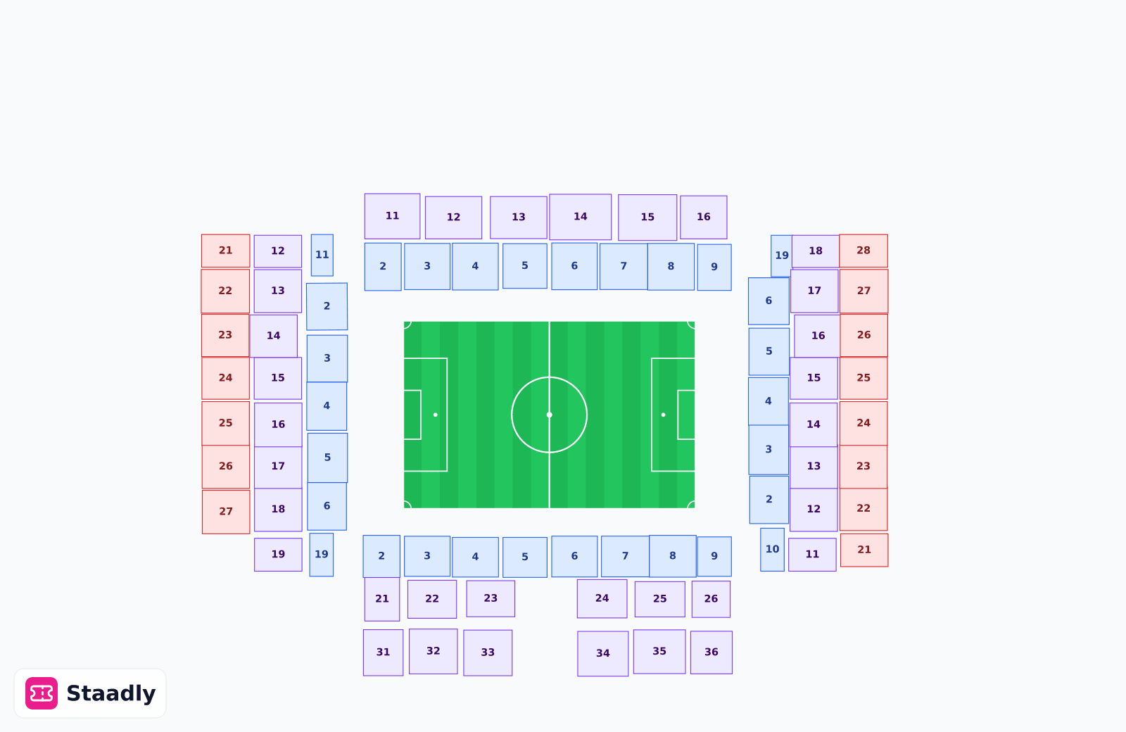 Stade Bollaert-Delelis seat layout and seating plan — colored sections, stands and tiers (Lens)