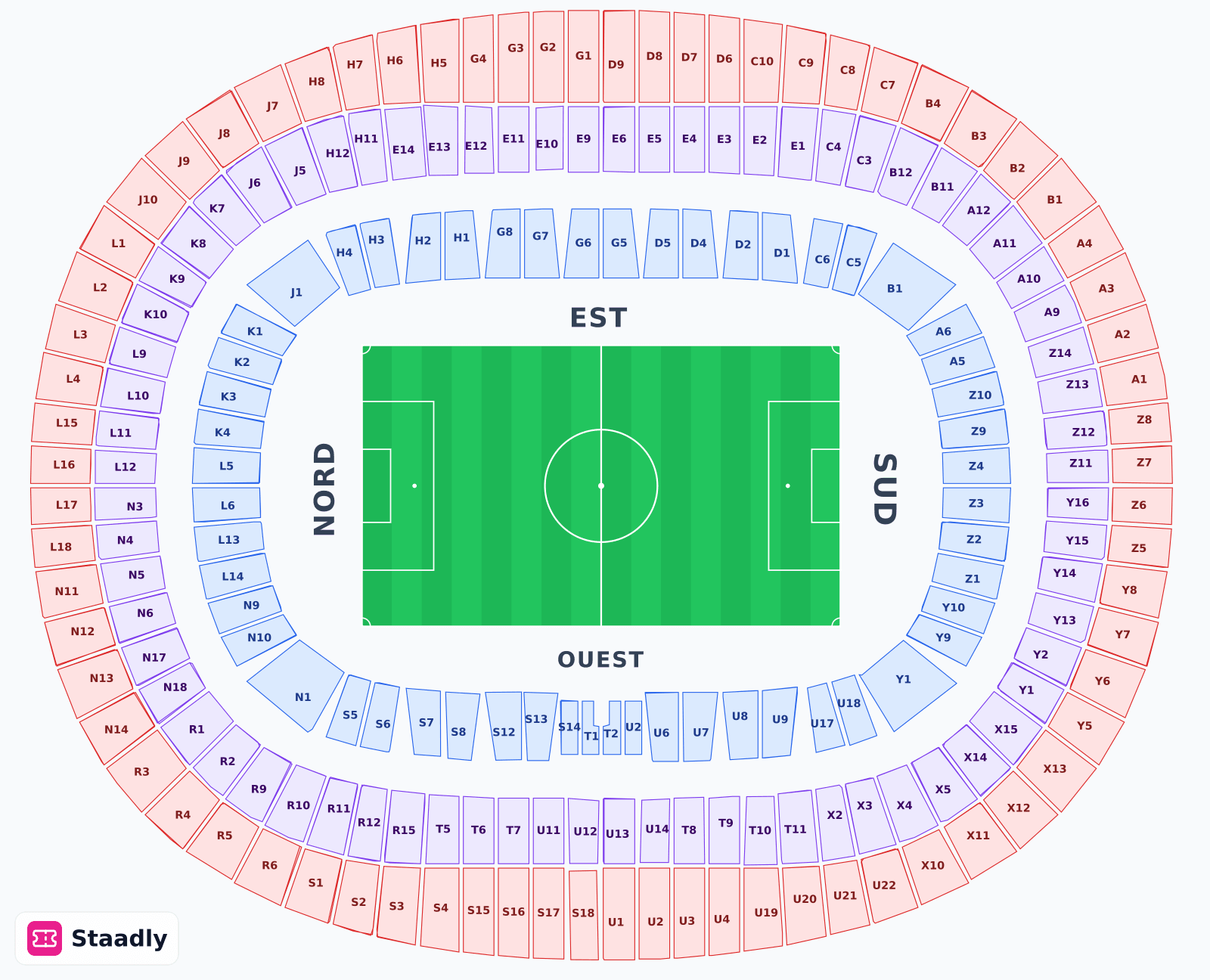 STADE DE FRANCE seat layout and seating plan — colored sections, stands and tiers (Paris)