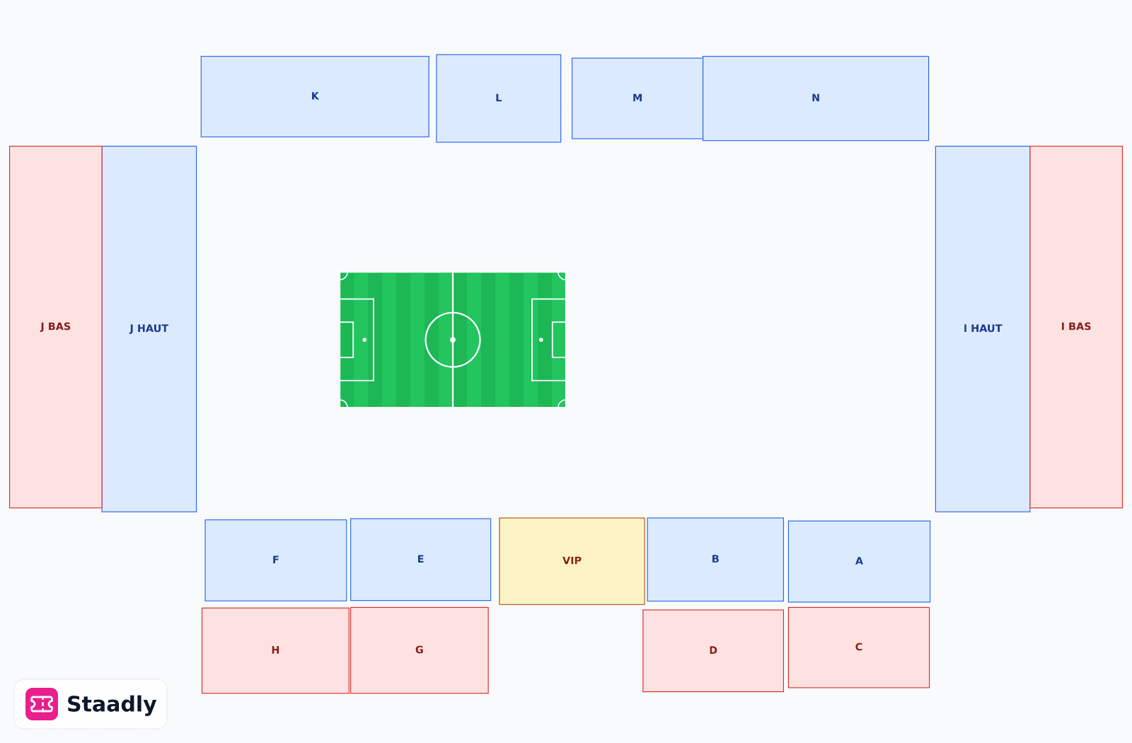 Stade de l'Abbé-Deschamps seat layout and seating plan — colored sections, stands and tiers (Auxerre)