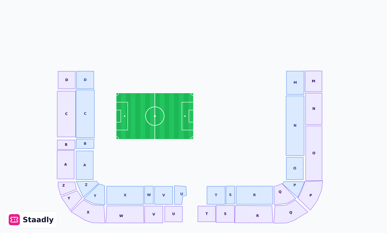 Stade de l'Aube seat layout and seating plan — colored sections, stands and tiers (Troyes)