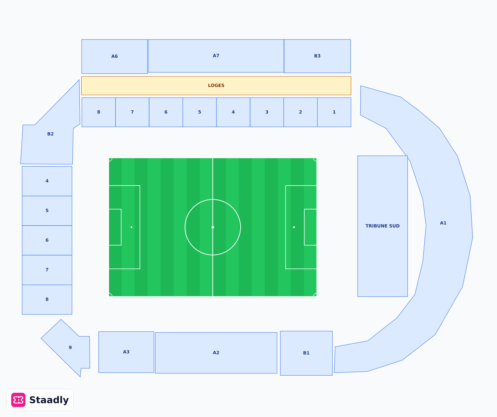 Stade du Moustoir seat layout and seating plan — colored sections, stands and tiers (Lorient)