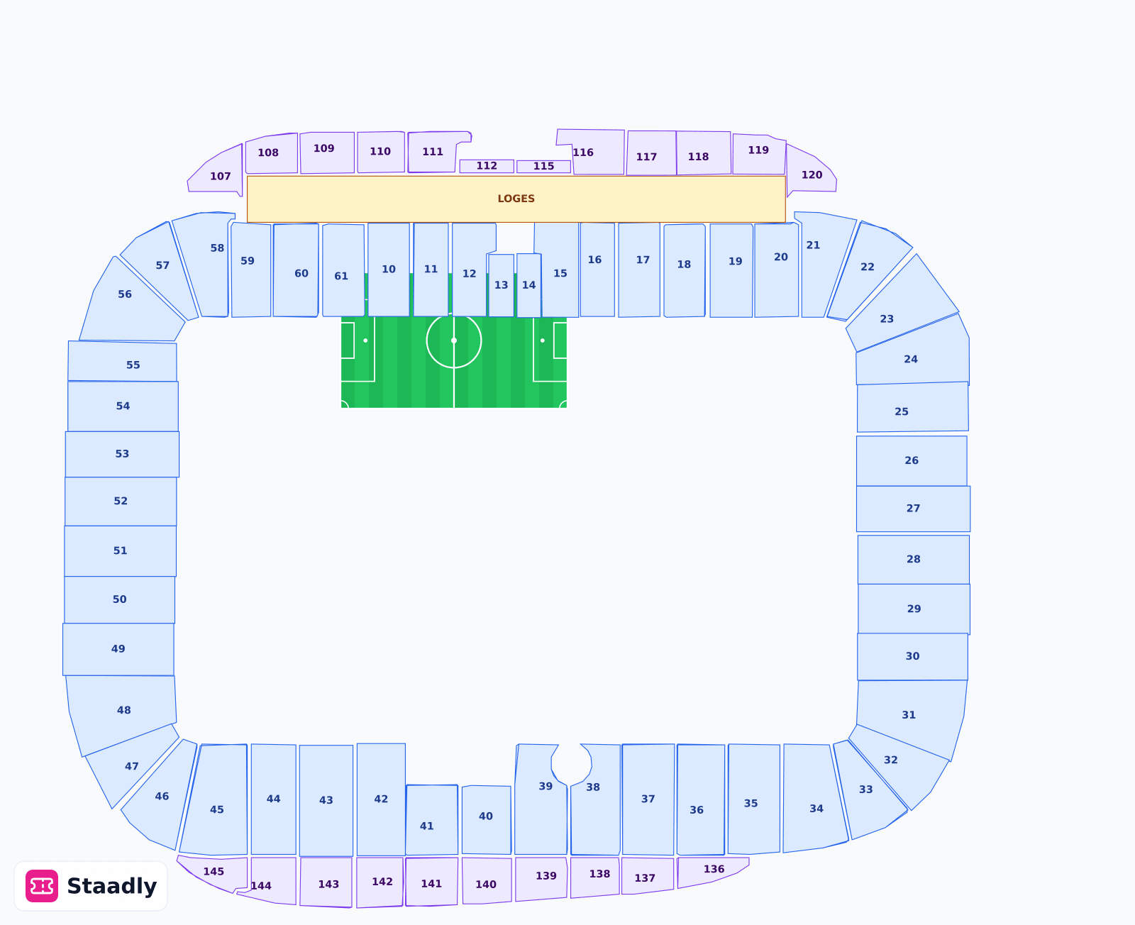 Stade Jean-Bouin seat layout and seating plan — colored sections, stands and tiers (Paris)