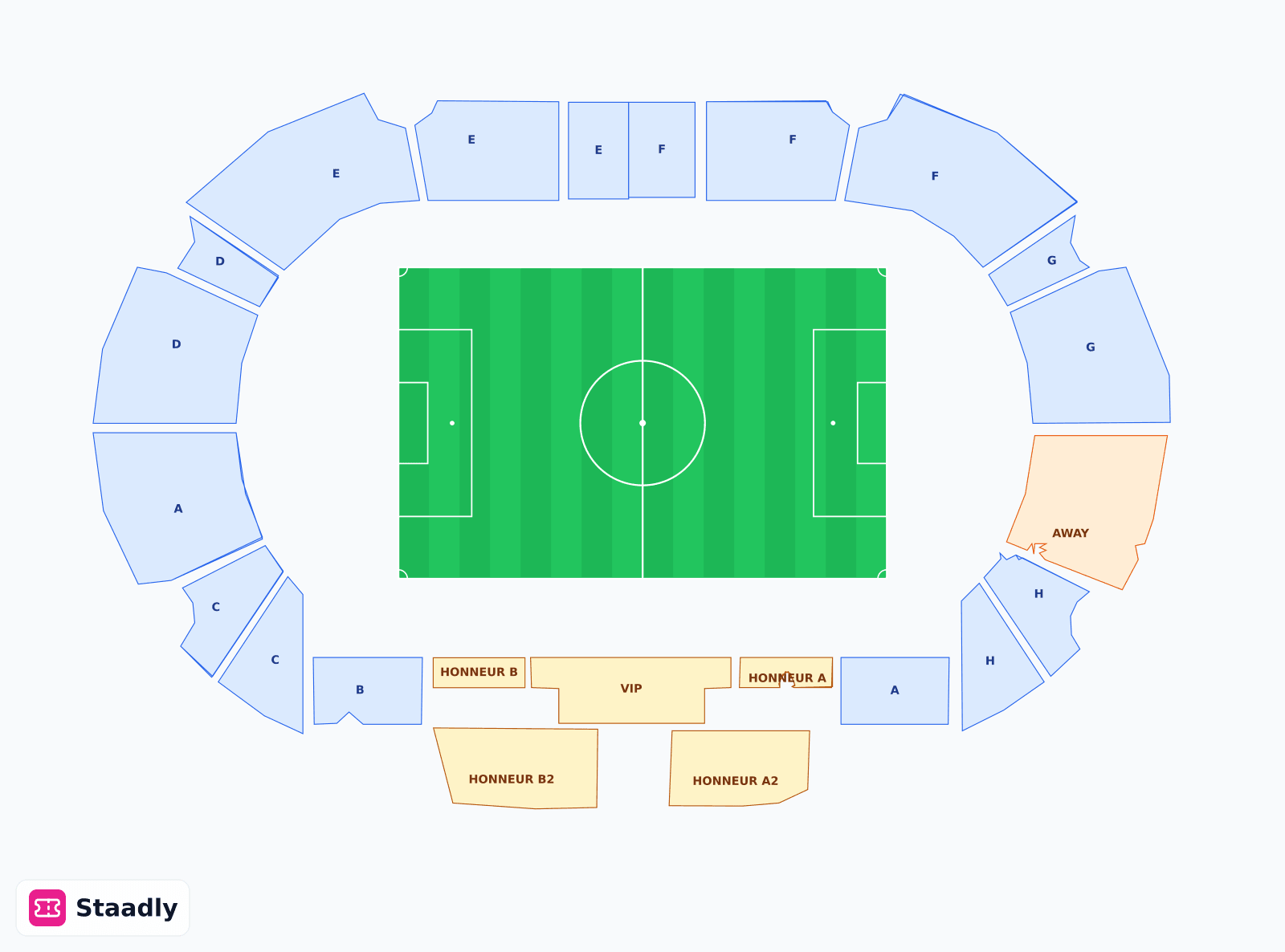 Stade Louis II seat layout and seating plan — colored sections, stands and tiers (Monaco)