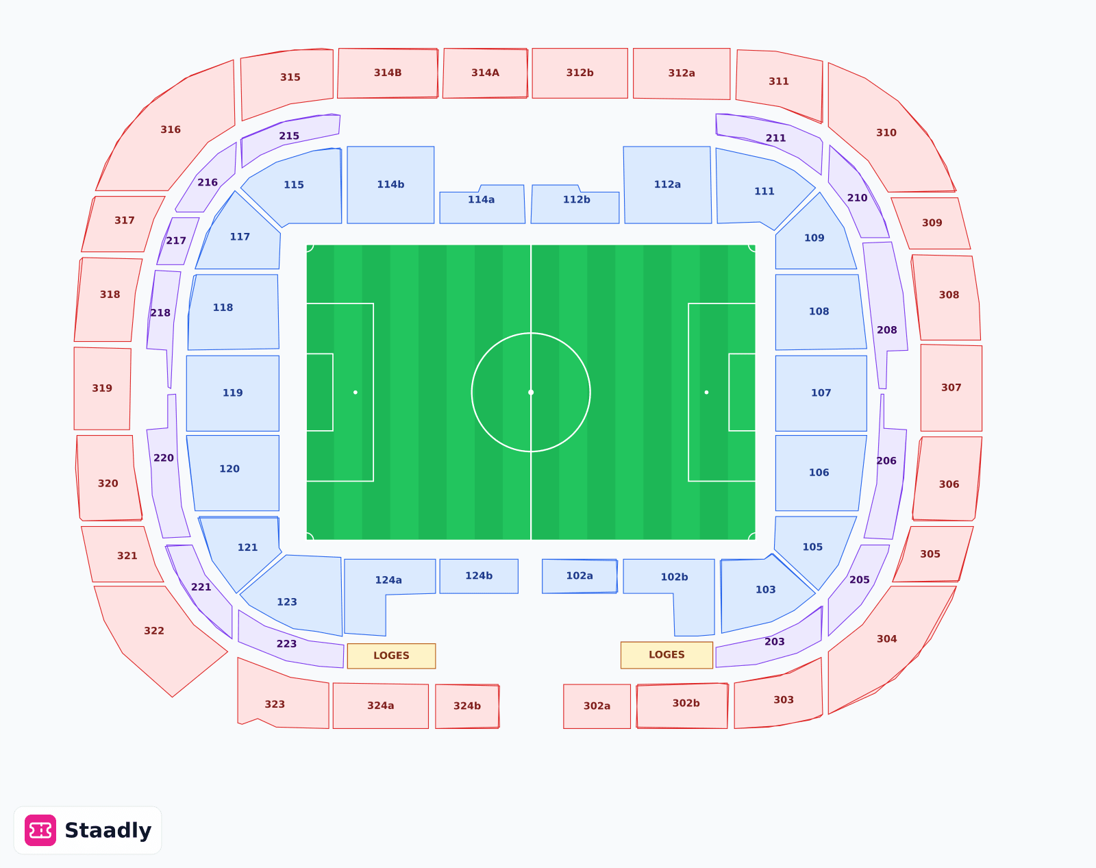 Stade Marie-Marvingt seat layout and seating plan — colored sections, stands and tiers (Le Mans)