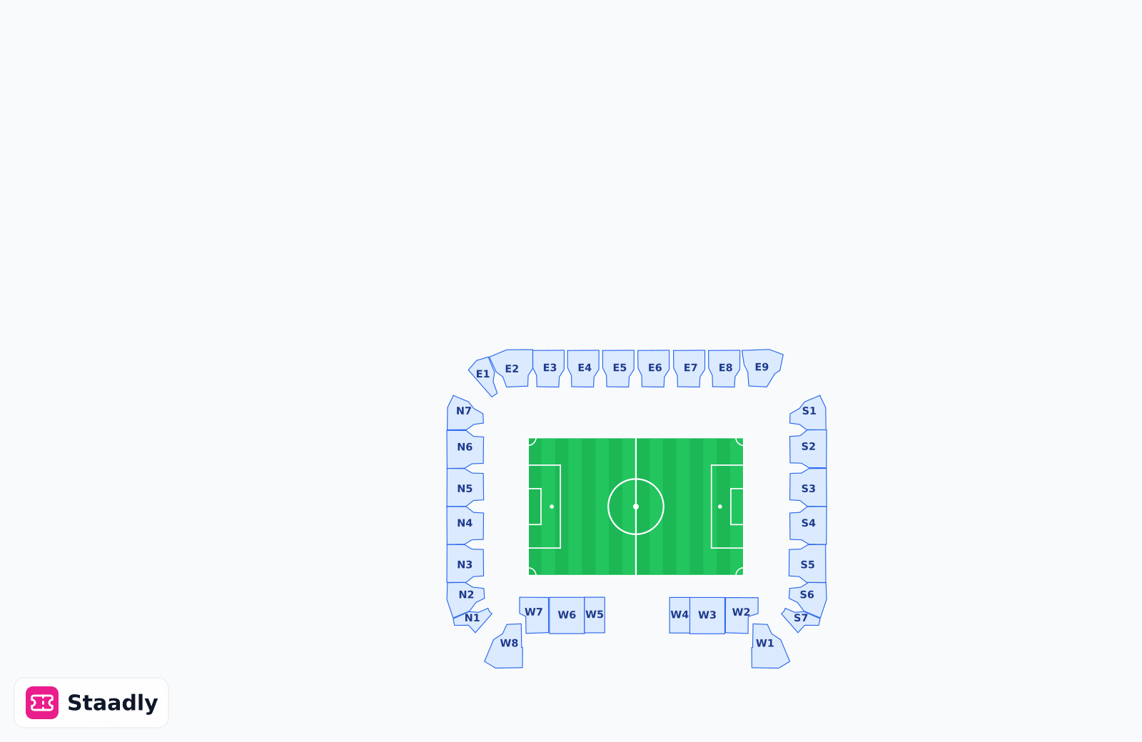 Stade Océane seat layout and seating plan — colored sections, stands and tiers (Le Havre)