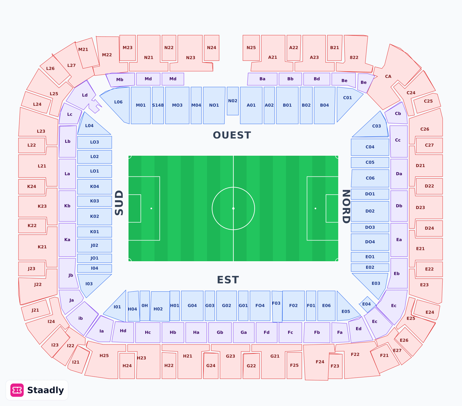 Stade Pierre-Mauroy seat layout and seating plan — colored sections, stands and tiers (Lille)