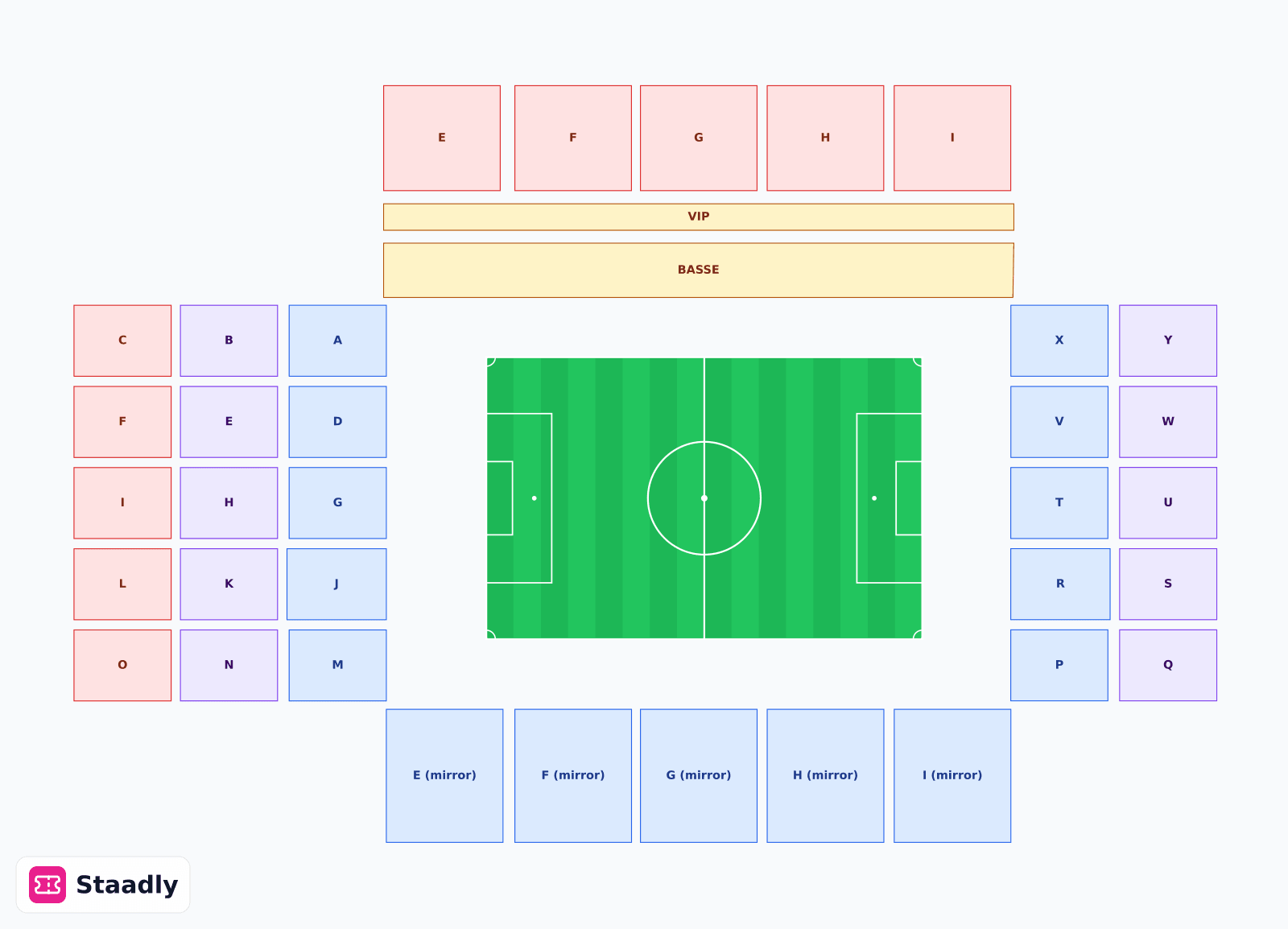 Stade Saint-Symphorien seat layout and seating plan — colored sections, stands and tiers (Metz)