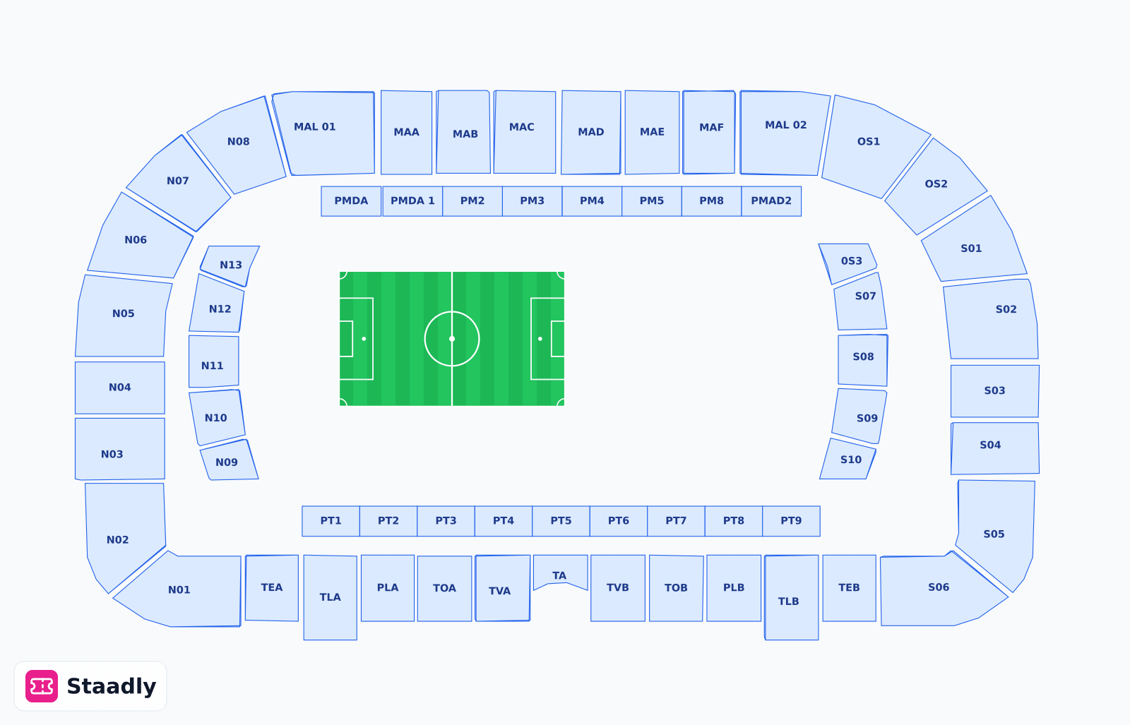 Stadio Artemio Franchi seat layout and seating plan — colored sections, stands and tiers (Florence)