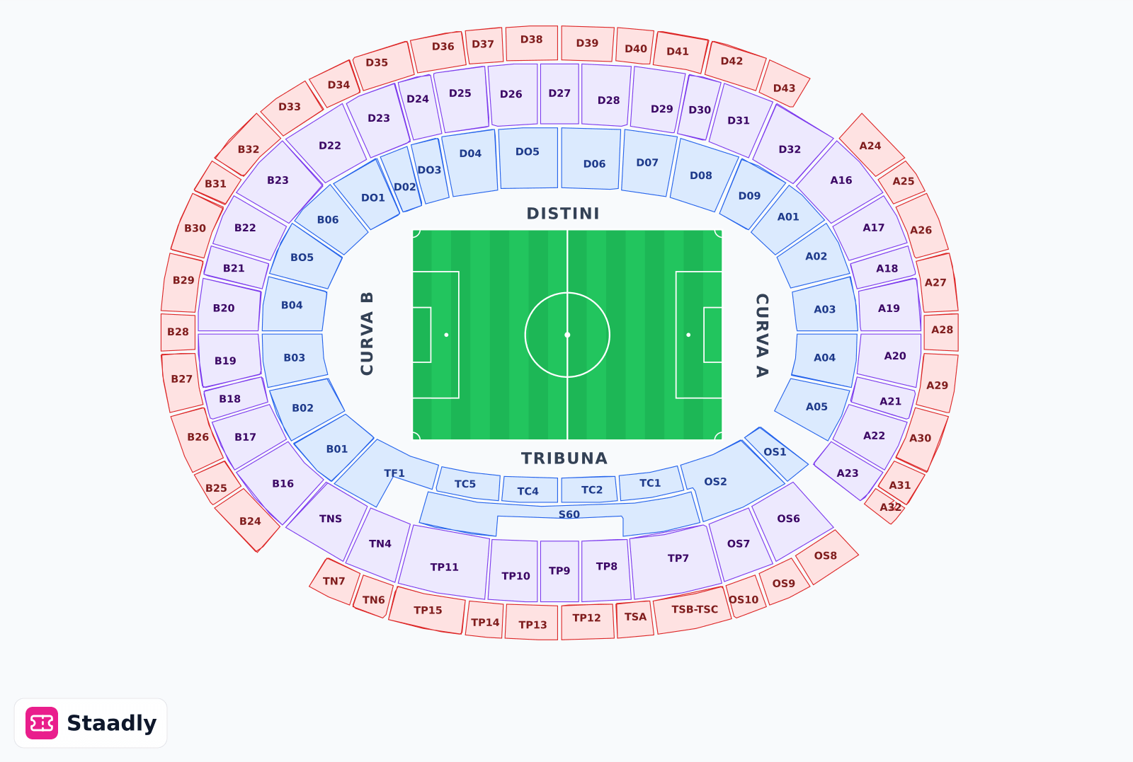 Stadio Diego Armando Maradona seat layout and seating plan — colored sections, stands and tiers (Naples)
