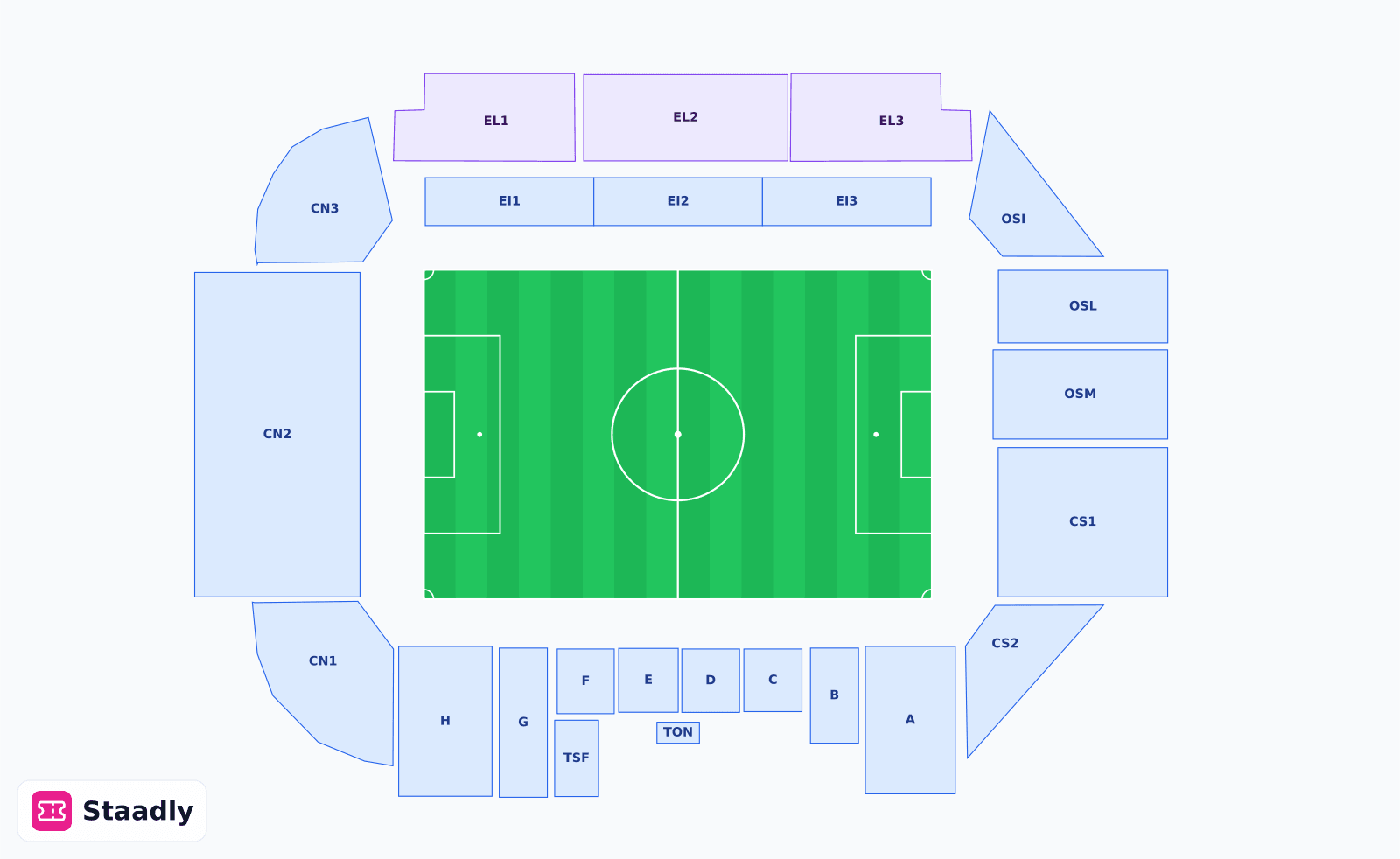 Stadio Ennio Tardini seat layout and seating plan — colored sections, stands and tiers (Parma)