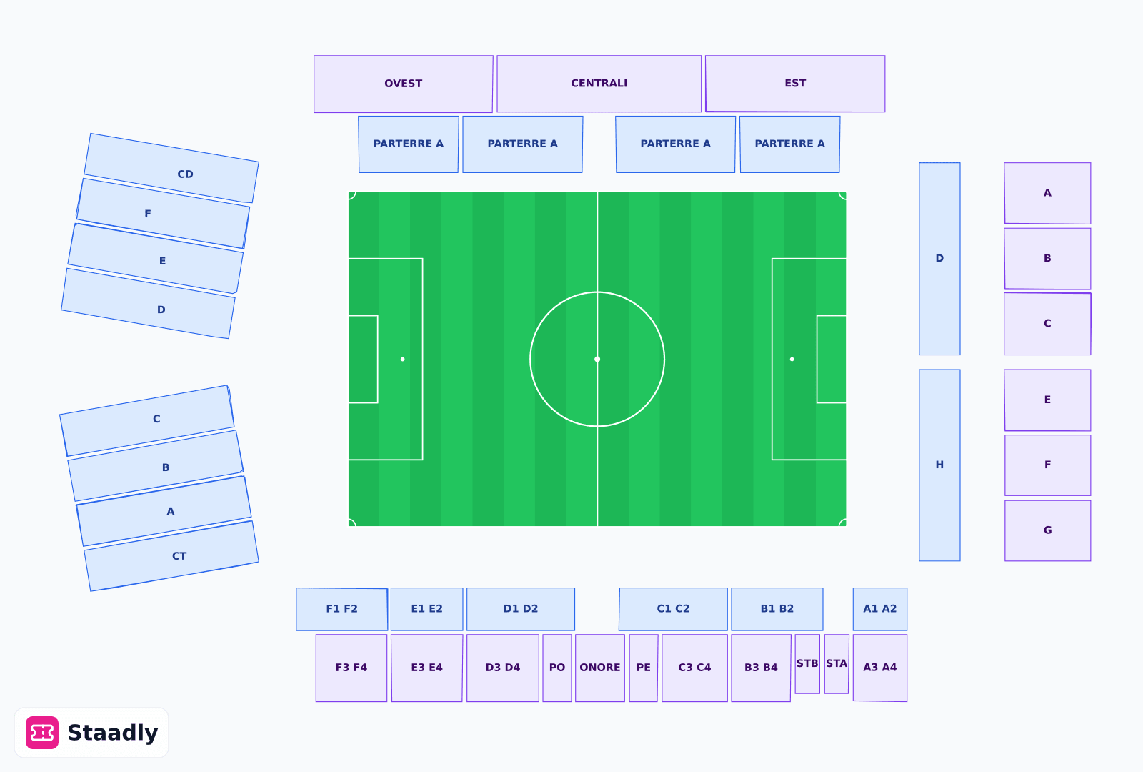 Stadio Giuseppe Sinigaglia seat layout and seating plan — colored sections, stands and tiers (Como)