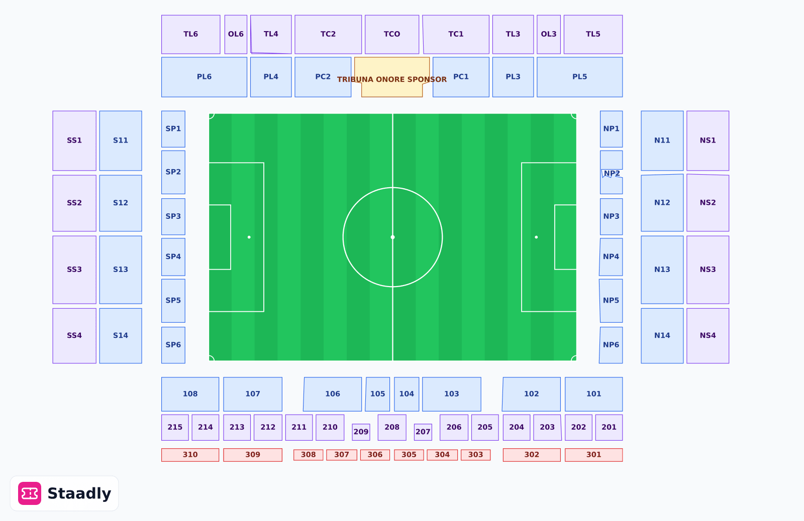 Stadio Luigi Ferraris seat layout and seating plan — colored sections, stands and tiers (Genoa)