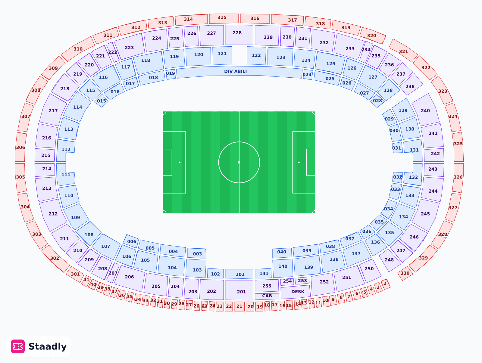 Stadio Olimpico Grande Torino seat layout and seating plan — colored sections, stands and tiers (Turin)