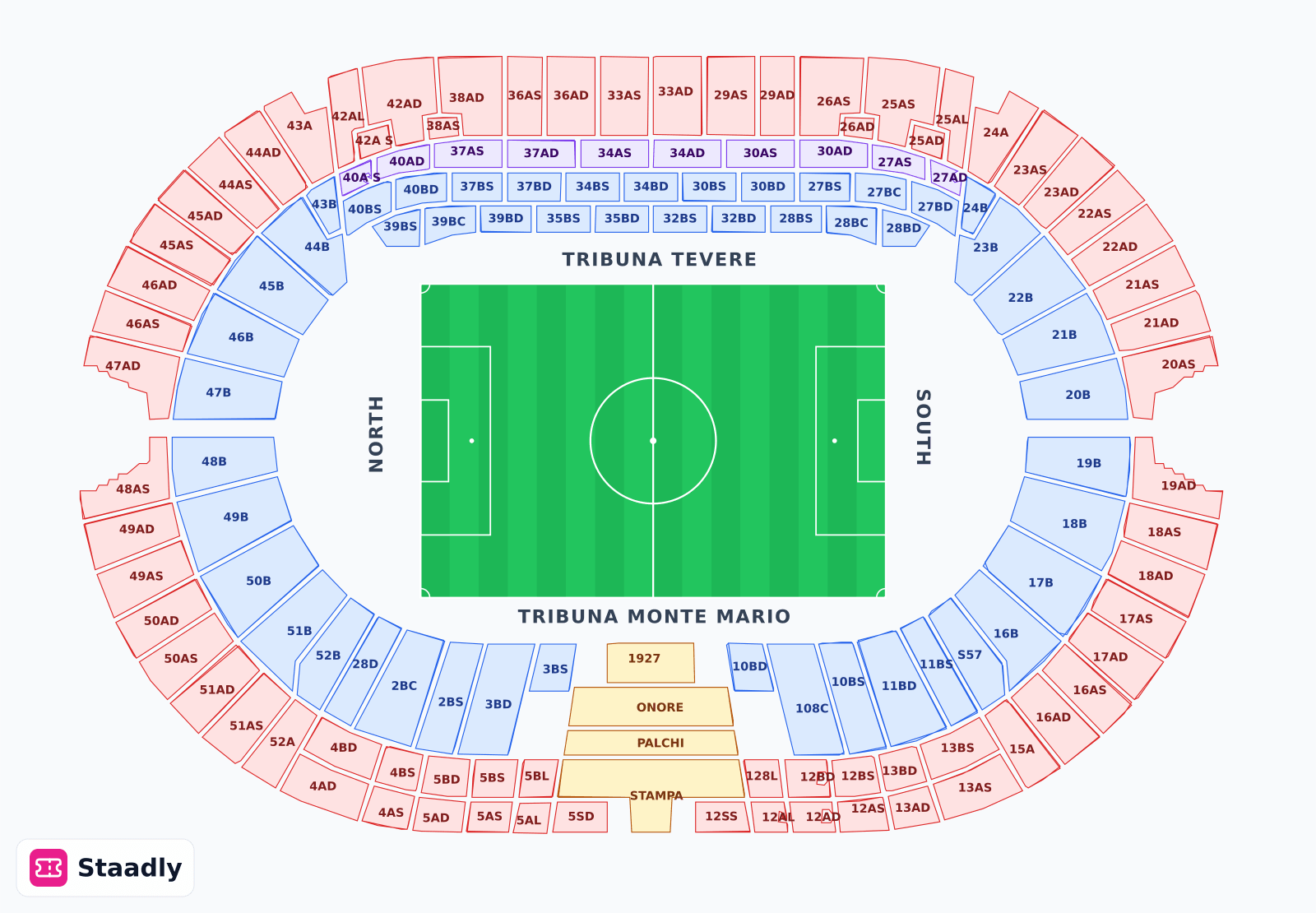 Stadio Olimpico Rome seat layout and seating plan — colored sections, stands and tiers (Rome)