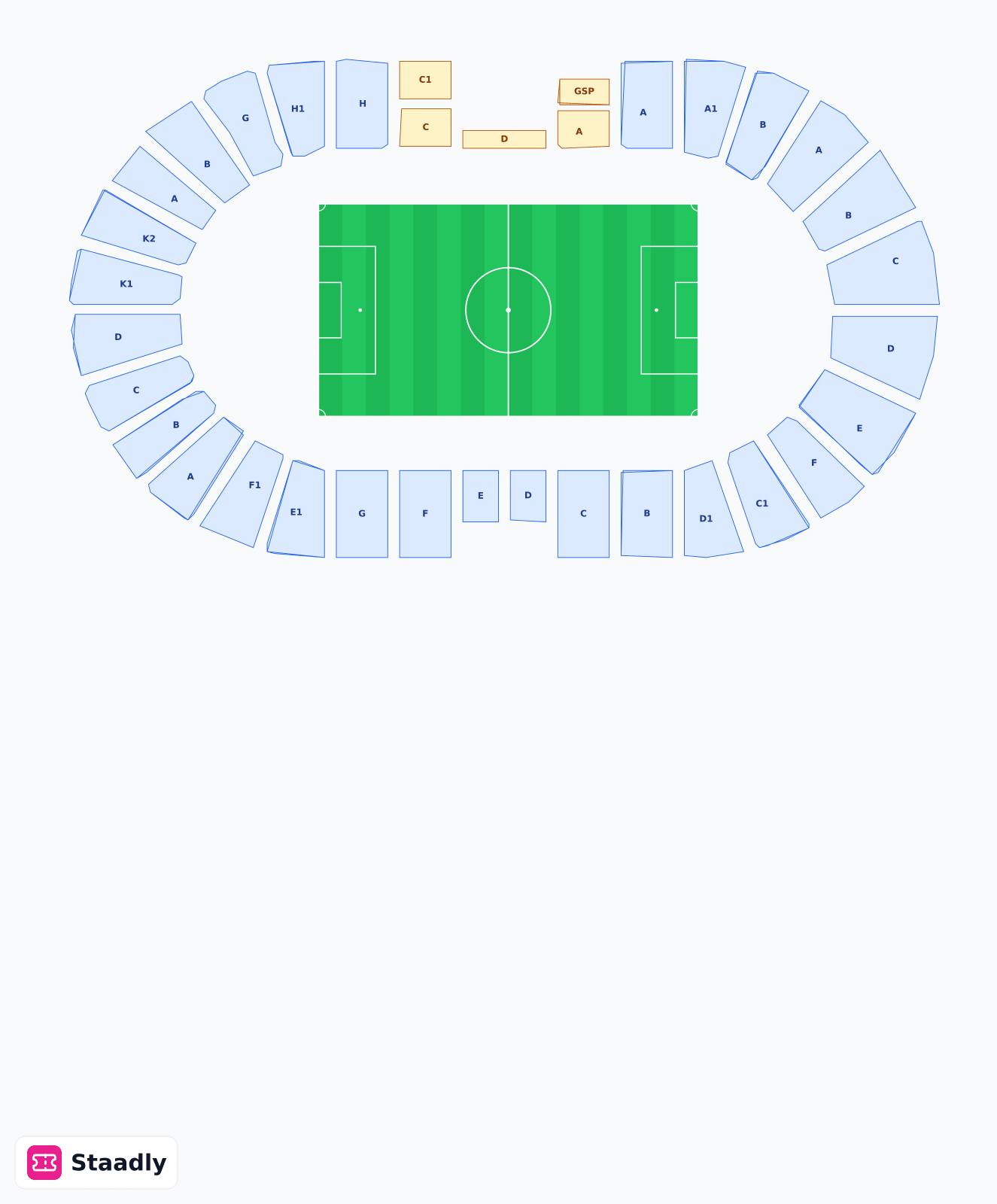 Stadio Renato Dall'Ara seat layout and seating plan — colored sections, stands and tiers (Bologna)