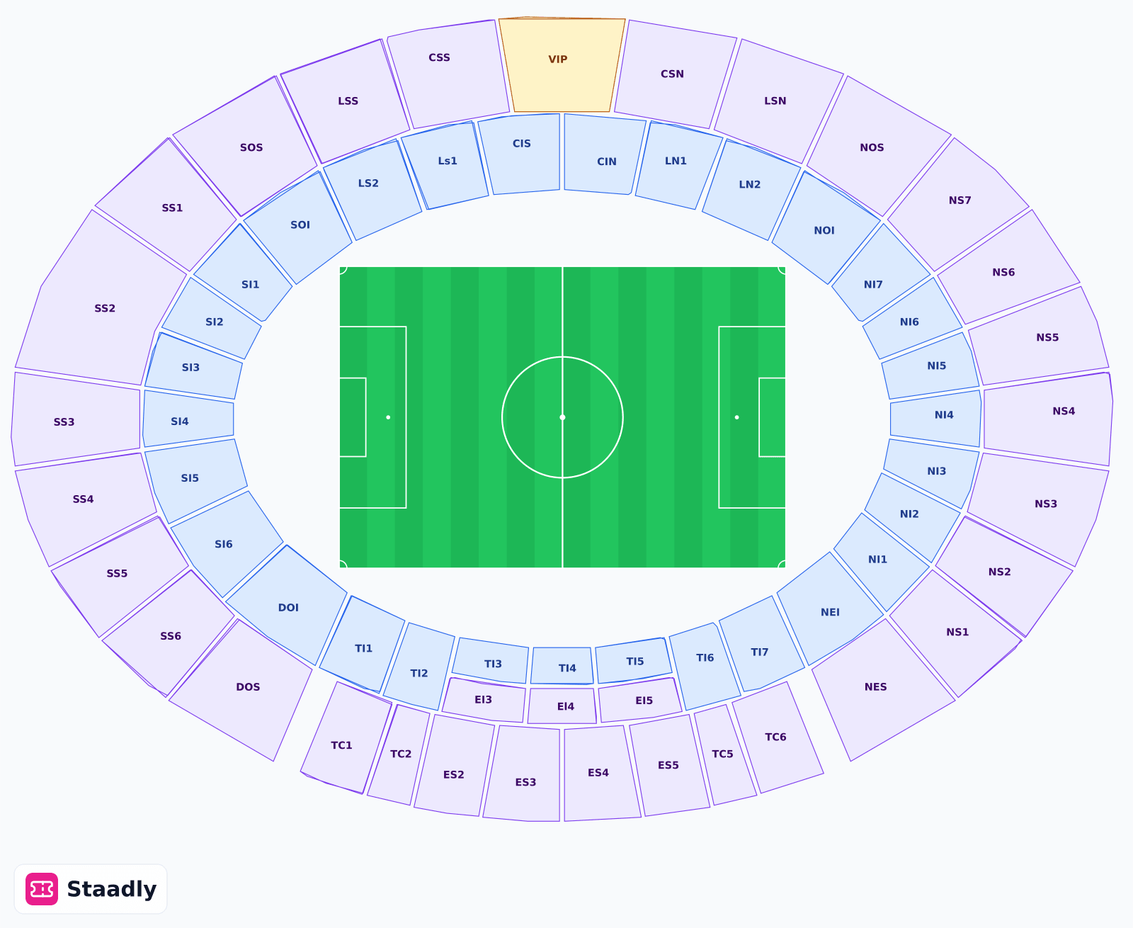 Stadio Via del Mare seat layout and seating plan — colored sections, stands and tiers (Lecce)
