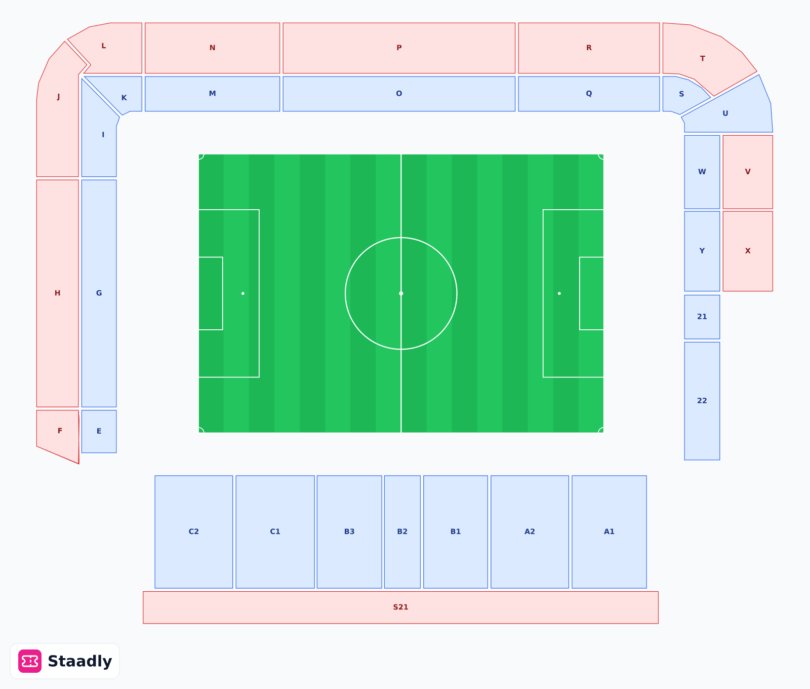Stadion An der Alten Försterei seat layout and seating plan — colored sections, stands and tiers (Berlin) — Union Berlin's stadium