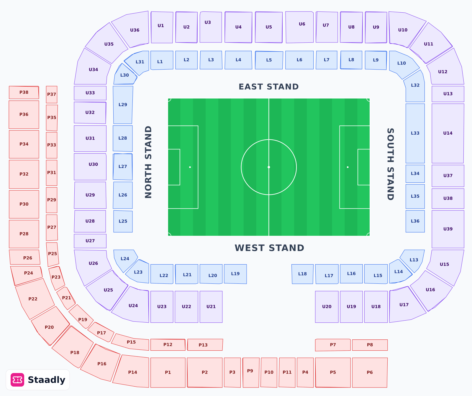 Stadium of Light seat layout and seating plan — colored sections, stands and tiers (Sunderland)