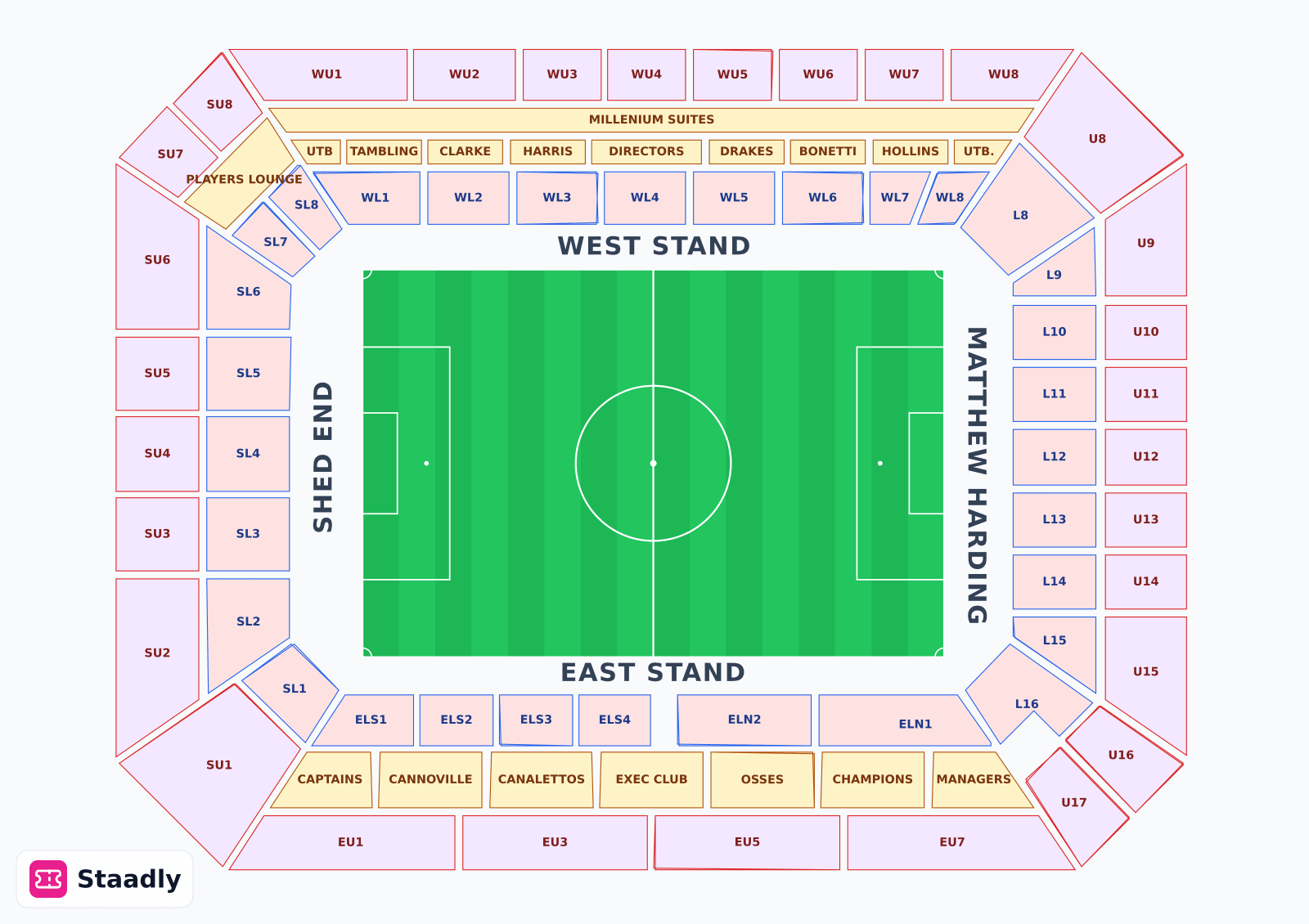 Stamford Bridge seat layout and seating plan — colored sections, stands and tiers (London)