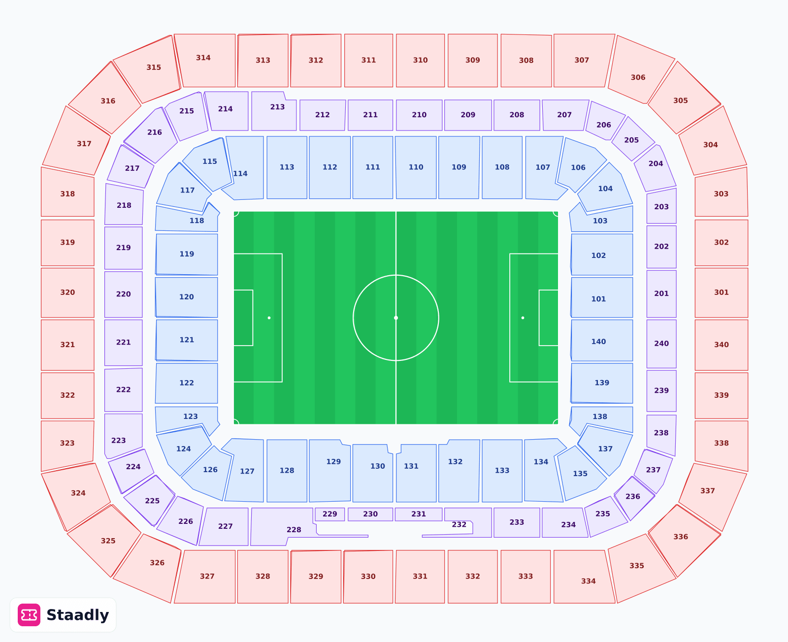 Strawberry Arena seat layout and seating plan — colored sections, stands and tiers (Stockholm)