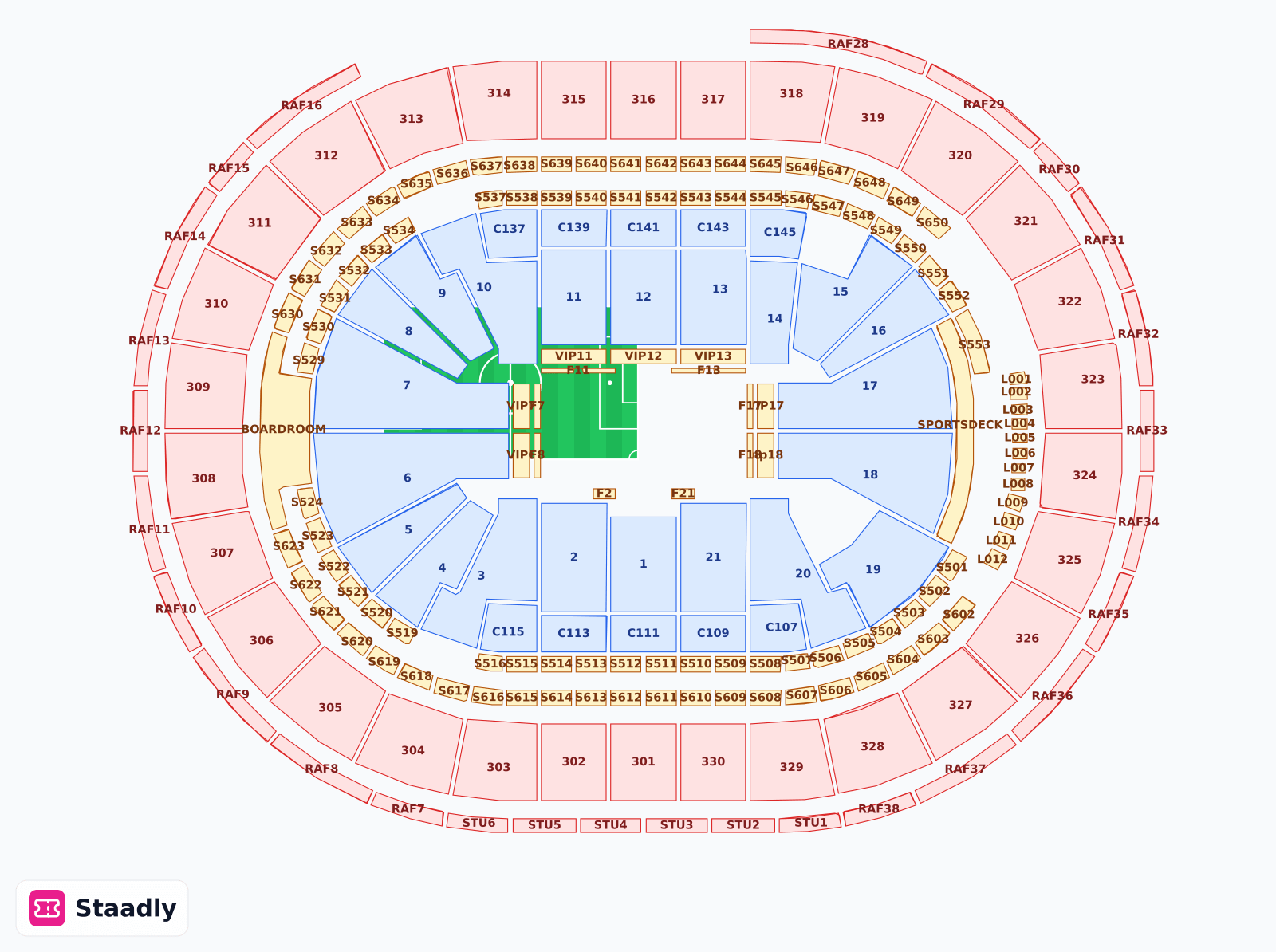 TD Garden seat layout and seating plan — colored sections, stands and tiers (Boston)