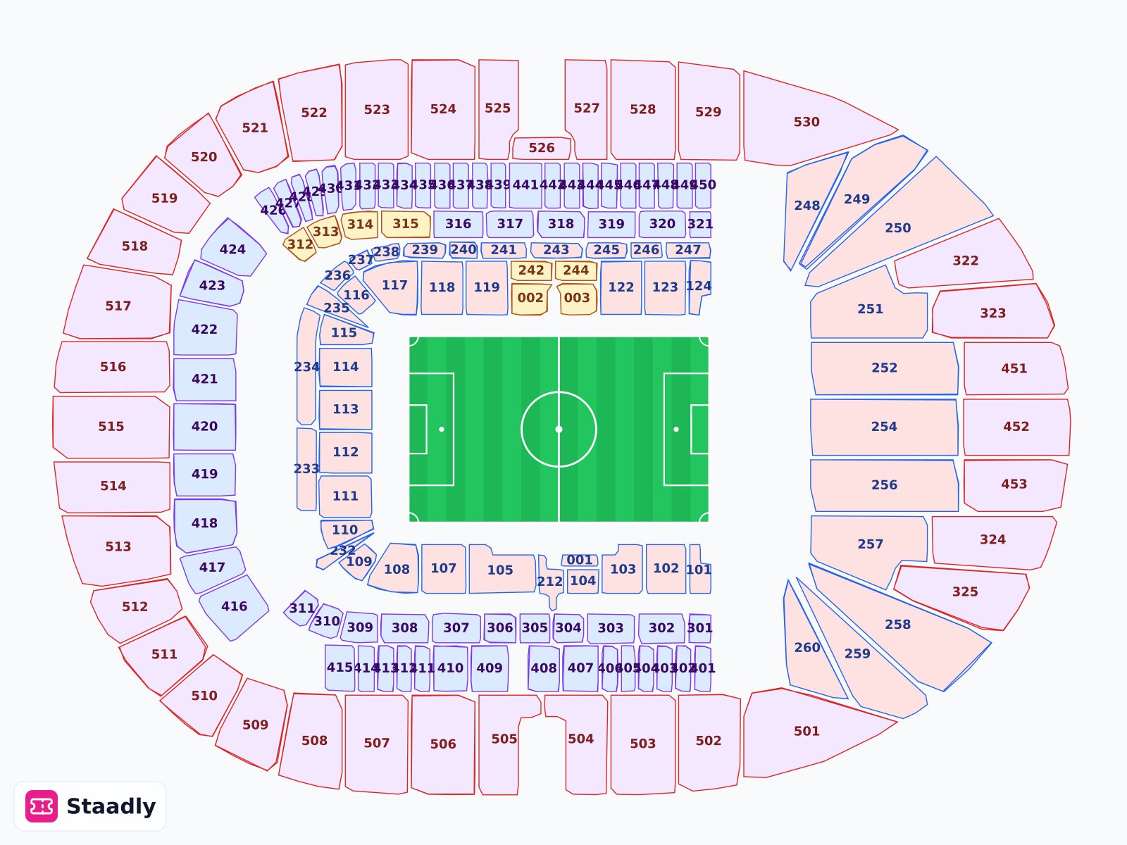 Tottenham Hotspur Stadium seat layout and seating plan — colored sections, stands and tiers (London)