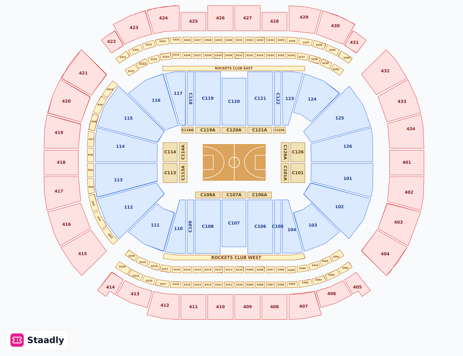 Toyota Center seat layout and seating plan — colored sections, stands and tiers (Houston)
