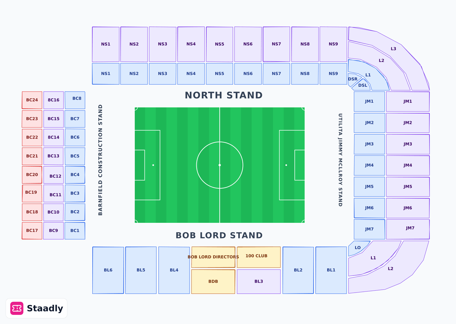 Turf Moor seat layout and seating plan — colored sections, stands and tiers (Burnley)