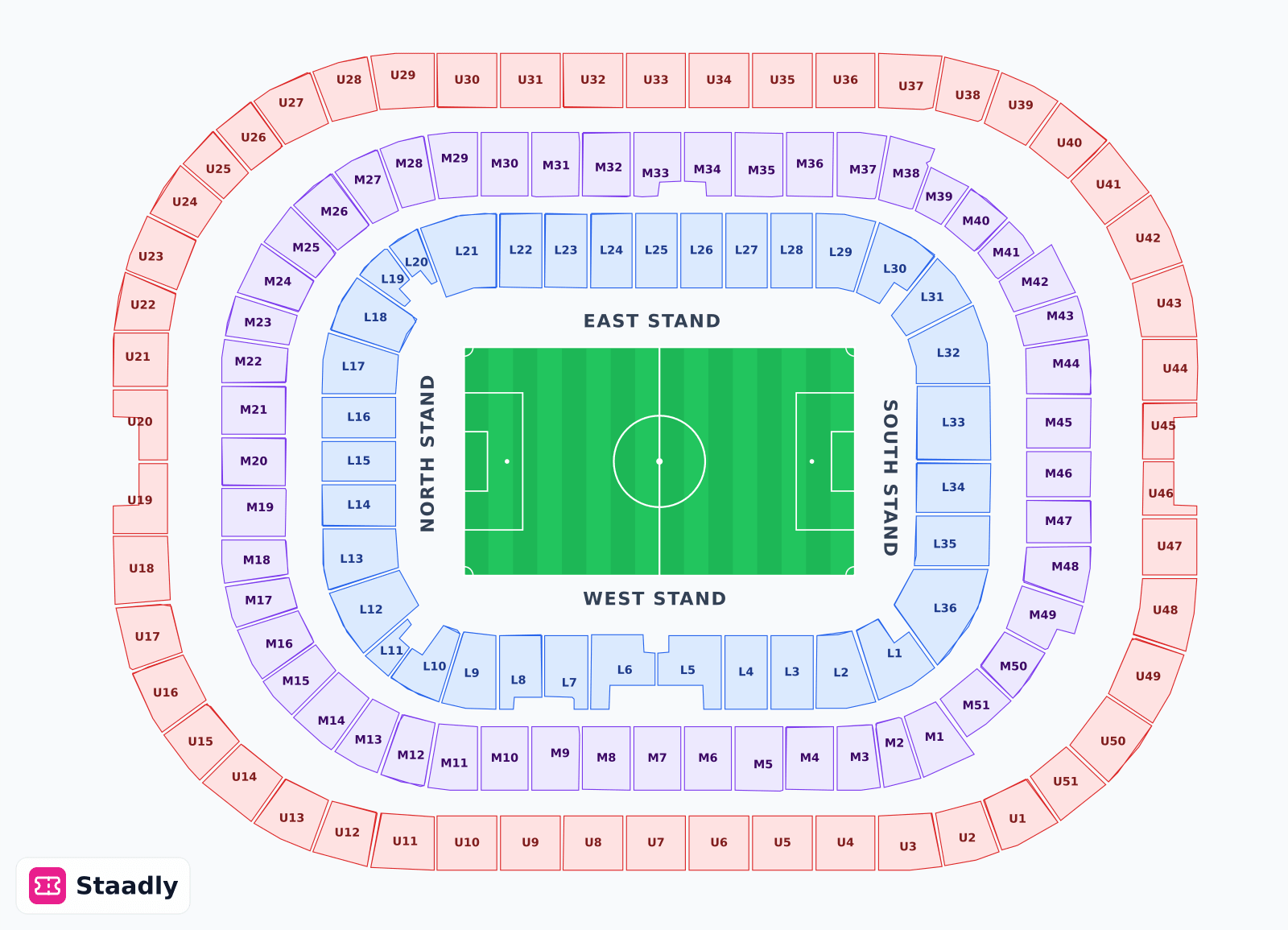 Twickenham Stadium seat layout and seating plan — colored sections, stands and tiers (London)