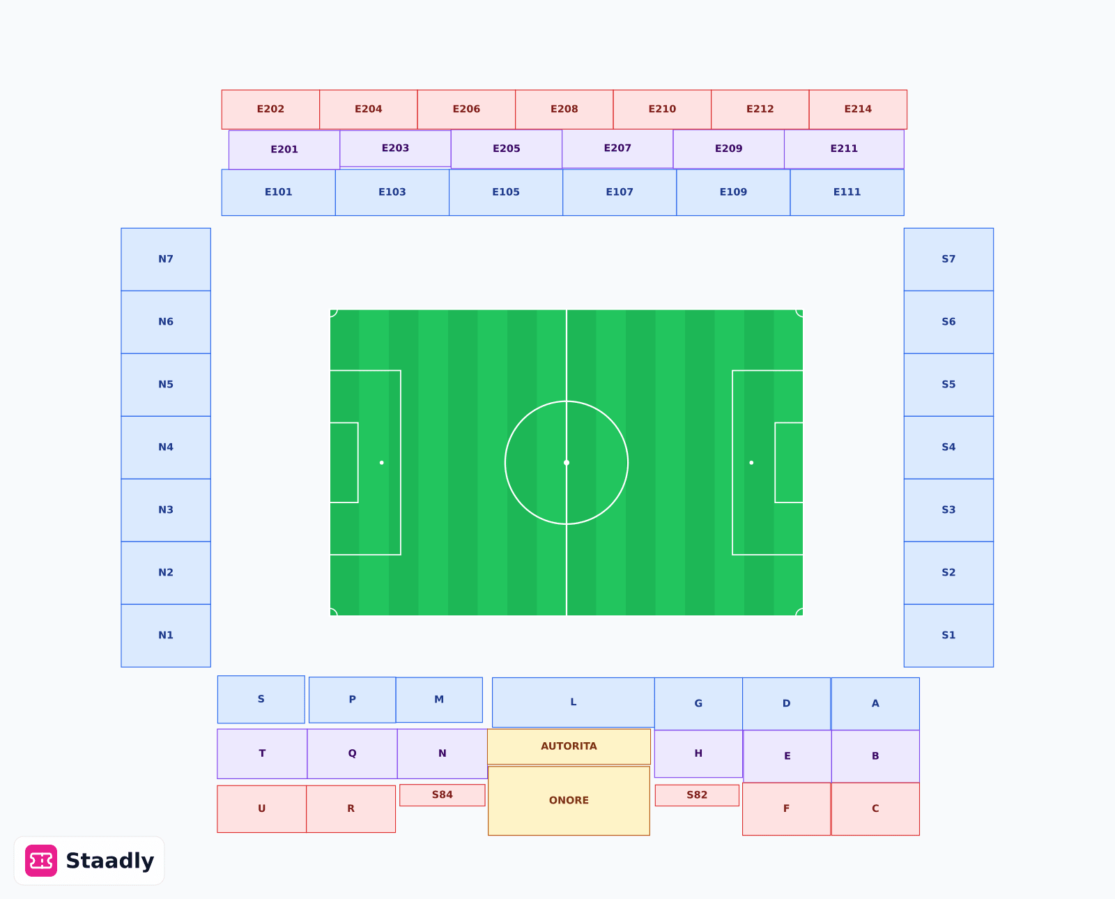 U-Power Stadium seat layout and seating plan — colored sections, stands and tiers (Monza)