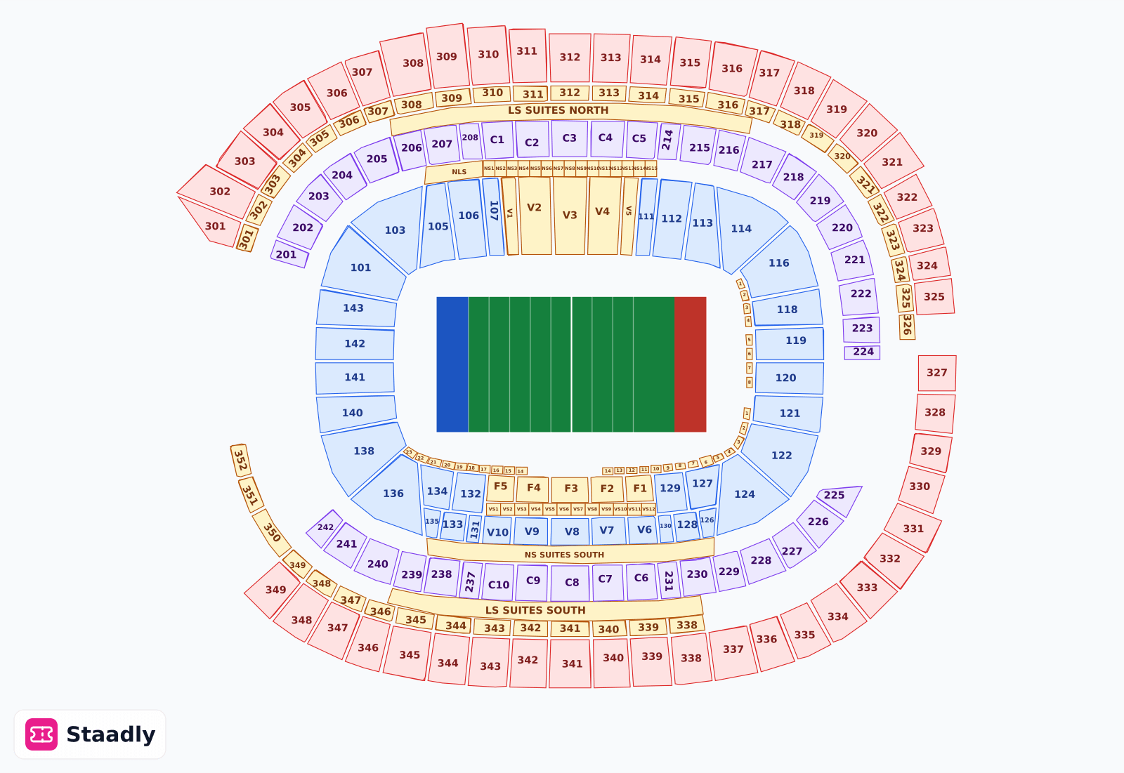 U.S. Bank Stadium seat layout and seating plan — colored sections, stands and tiers (Minneapolis)