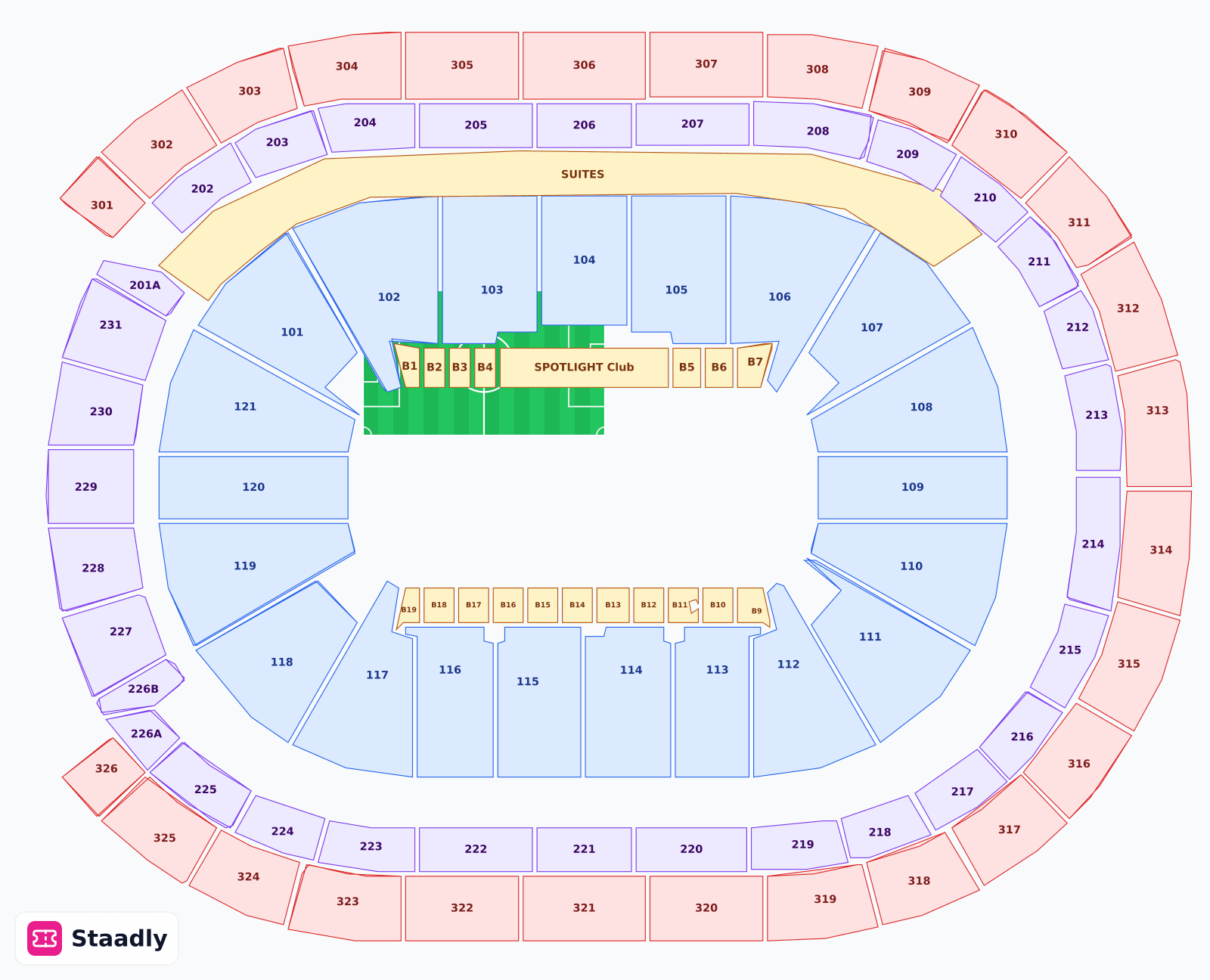 Ubs Arena seat layout and seating plan — colored sections, stands and tiers (Elmont)