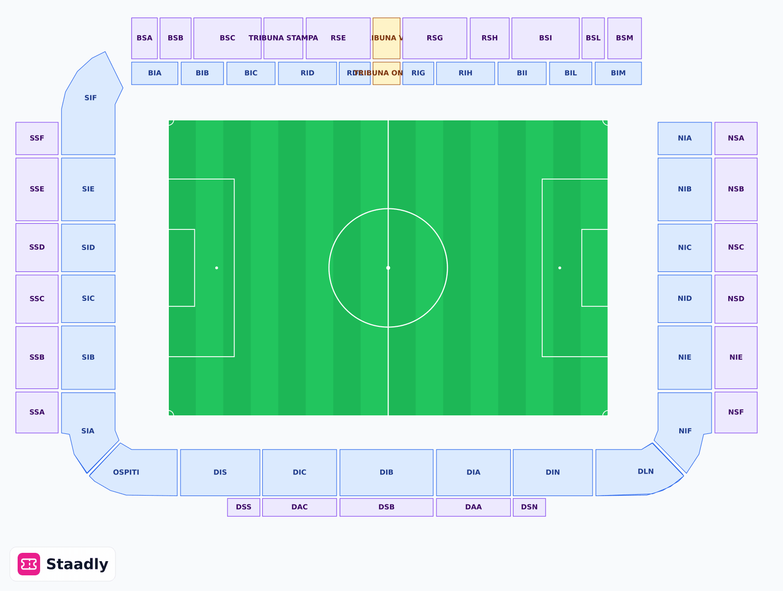 Unipol Domus seat layout and seating plan — colored sections, stands and tiers (Cagliari)